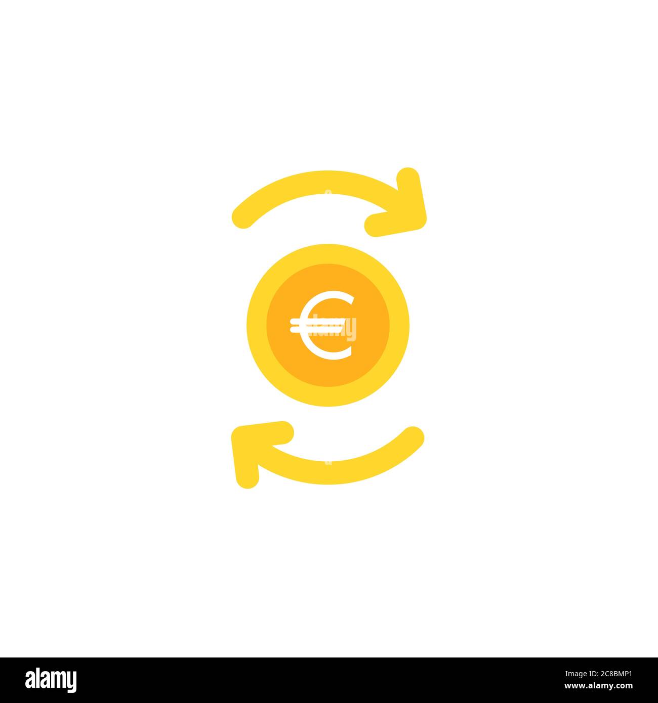 Due frecce rotonde in oro con moneta in euro d'oro. Icona piatta. Isolato su bianco. Icona di cambio valuta. Simbolo di economia, finanza, denaro, investimenti. Vettore Illustrazione Vettoriale