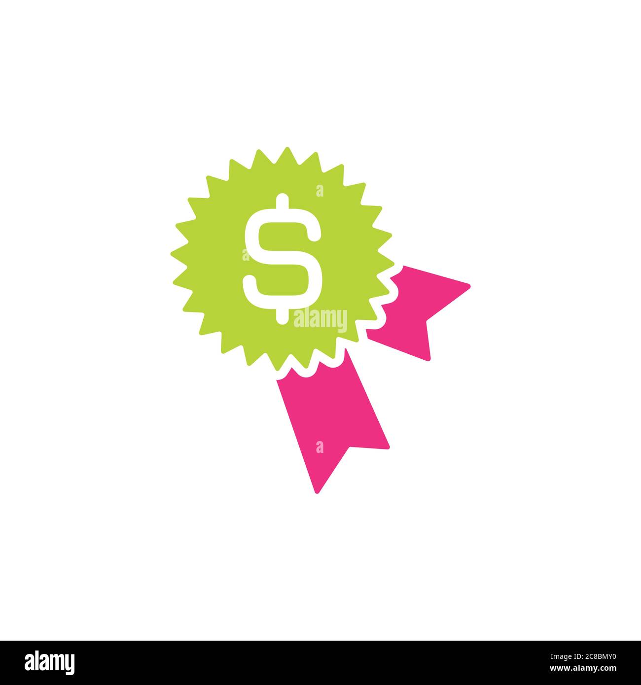 Stella verde con nastro rosa magenta e simbolo bianco del dollaro. Icona vettore piatto isolata in bianco. Pittogramma Money Award. Ideale per software e web interf Illustrazione Vettoriale