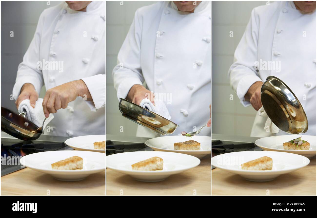 Collage di cucina Chef cottura padella merluzzo fritto in cucina Foto Stock