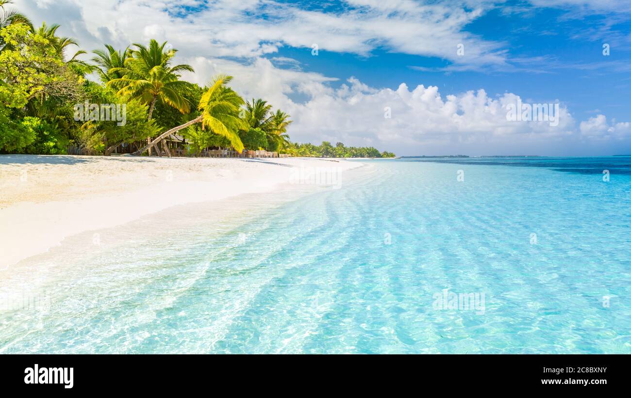 Stagione balneare in isola estiva di lusso. Concetto di paesaggio paradisiaco, mare calmo, sabbia bianca, palme. Lusso in spiaggia. Atmosfera rilassante, viaggio di vacanza Foto Stock