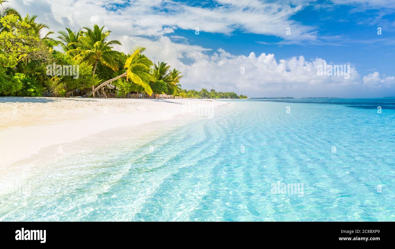 Stagione balneare in isola estiva di lusso. Concetto di paesaggio paradisiaco, mare calmo, sabbia bianca, palme. Lusso in spiaggia. Atmosfera rilassante, viaggio di vacanza Foto Stock