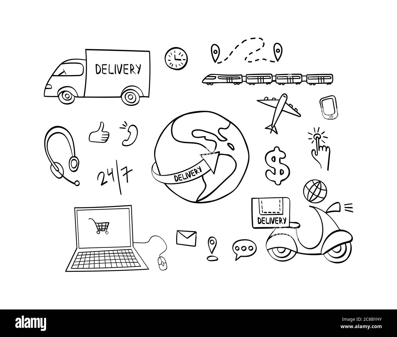 Set di icone disegnate a mano per la consegna. Elementi di spedizione Doodle isolati su sfondo bianco. Illustrazione vettoriale. Illustrazione Vettoriale