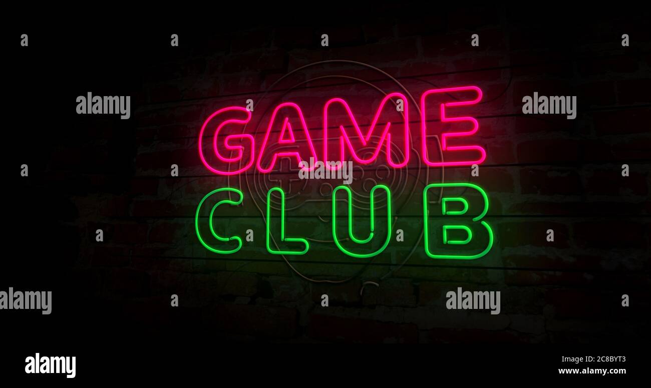 Game club con simbolo del giocatore simbolo del neon sulla parete di mattoni. Lampadine con videogiochi ed eSport. Illustrazione concettuale astratta. Foto Stock