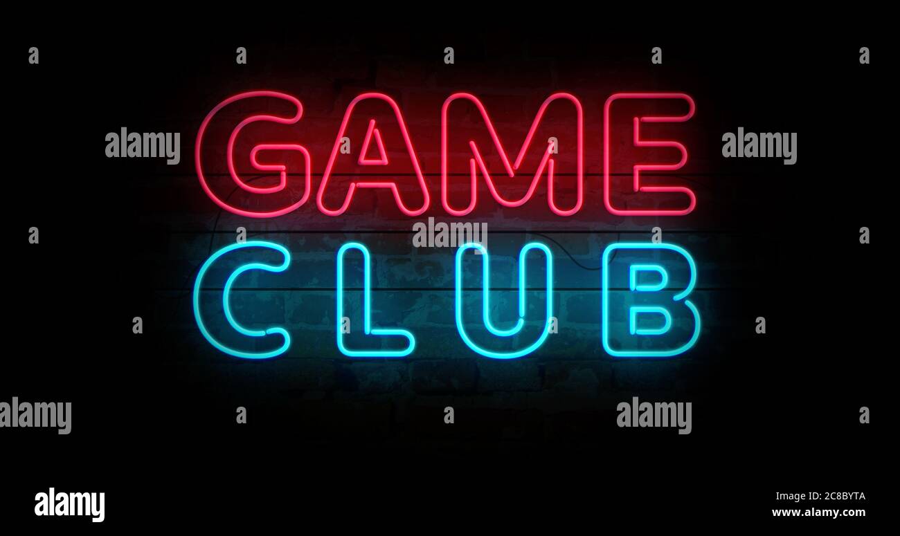 Game club con simbolo del giocatore simbolo del neon sulla parete di mattoni. Lampadine con videogiochi ed eSport. Illustrazione concettuale astratta. Foto Stock