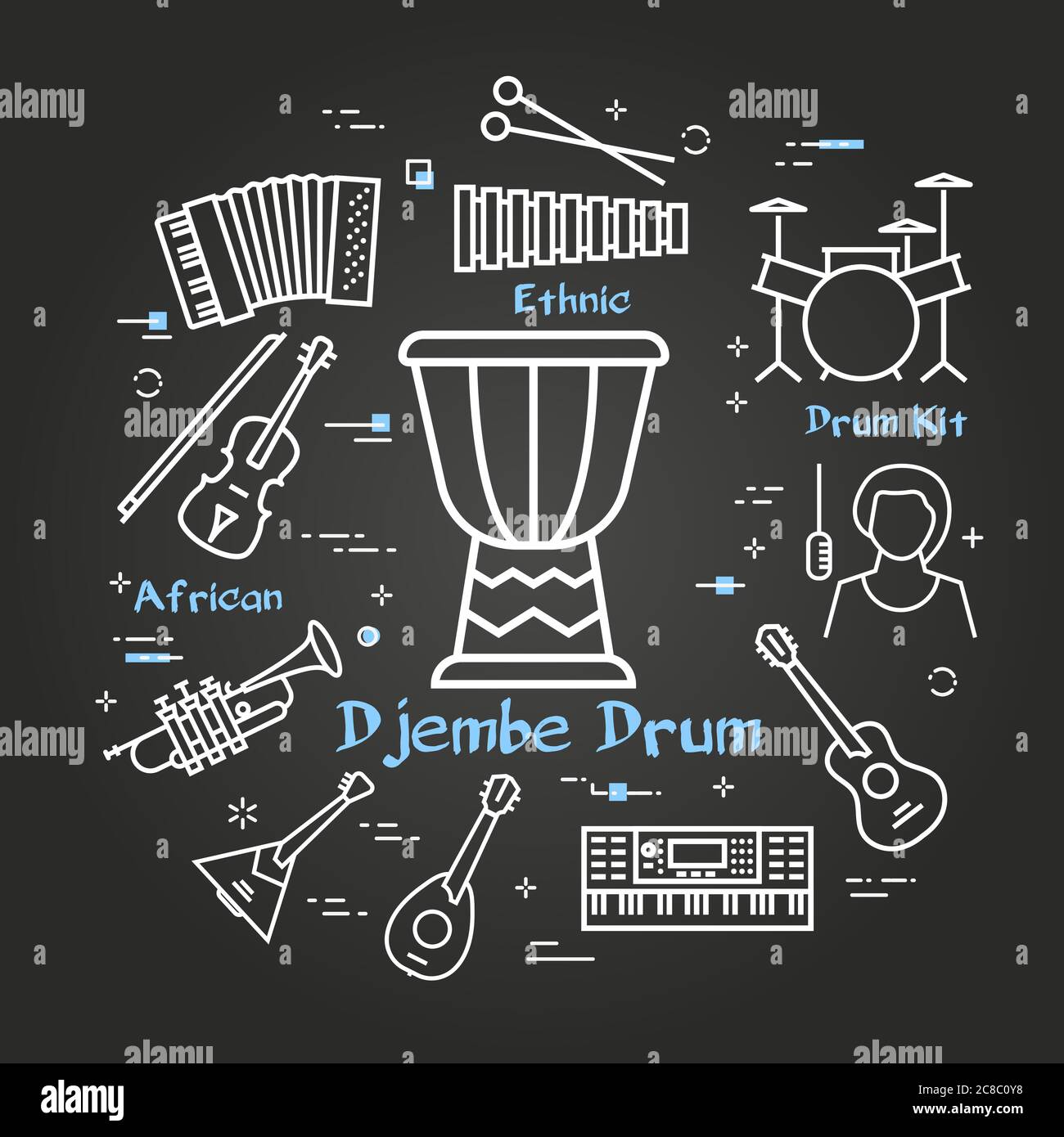 Banner vettoriale lineare nero per musica - djembe drum Illustrazione Vettoriale