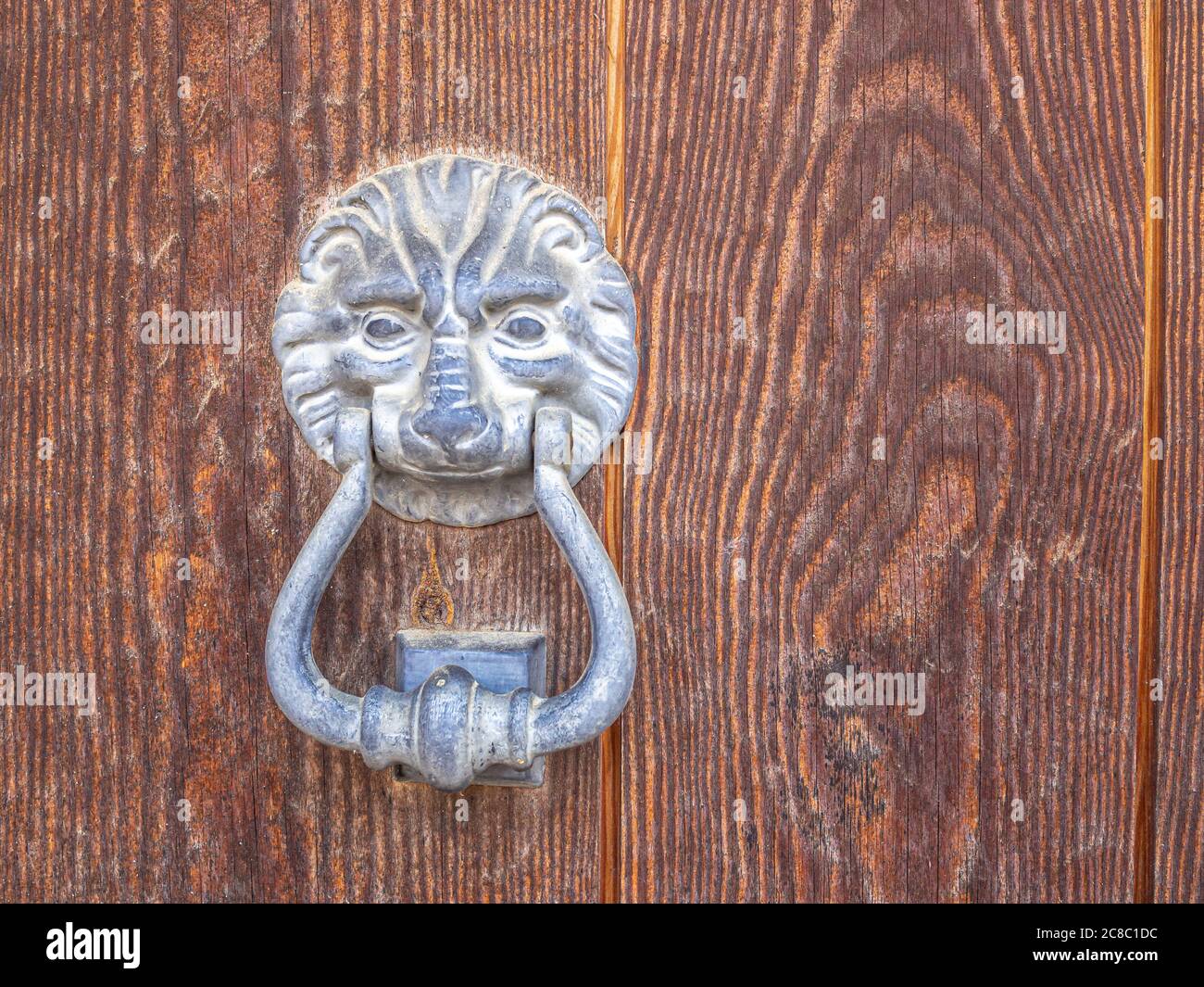 Testa leone maniglia porta antica sulla superficie porta in legno Foto Stock