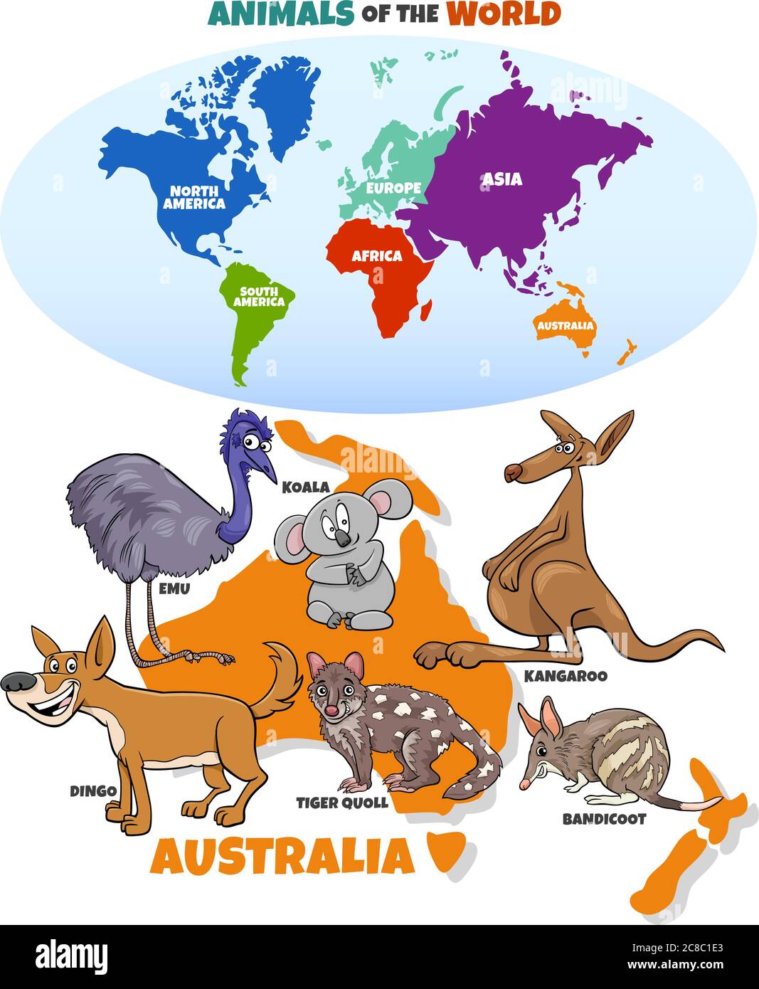 Cartoon educativo illustrazione di animali tipici australiani e mappa del mondo con i continenti Illustrazione Vettoriale