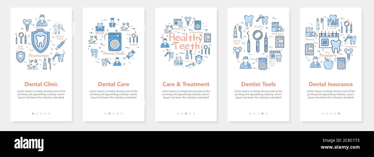 Cinque striscioni verticali con concetto di linea odontoiatria - clinica odontoiatrica e strumenti dentistici Illustrazione Vettoriale