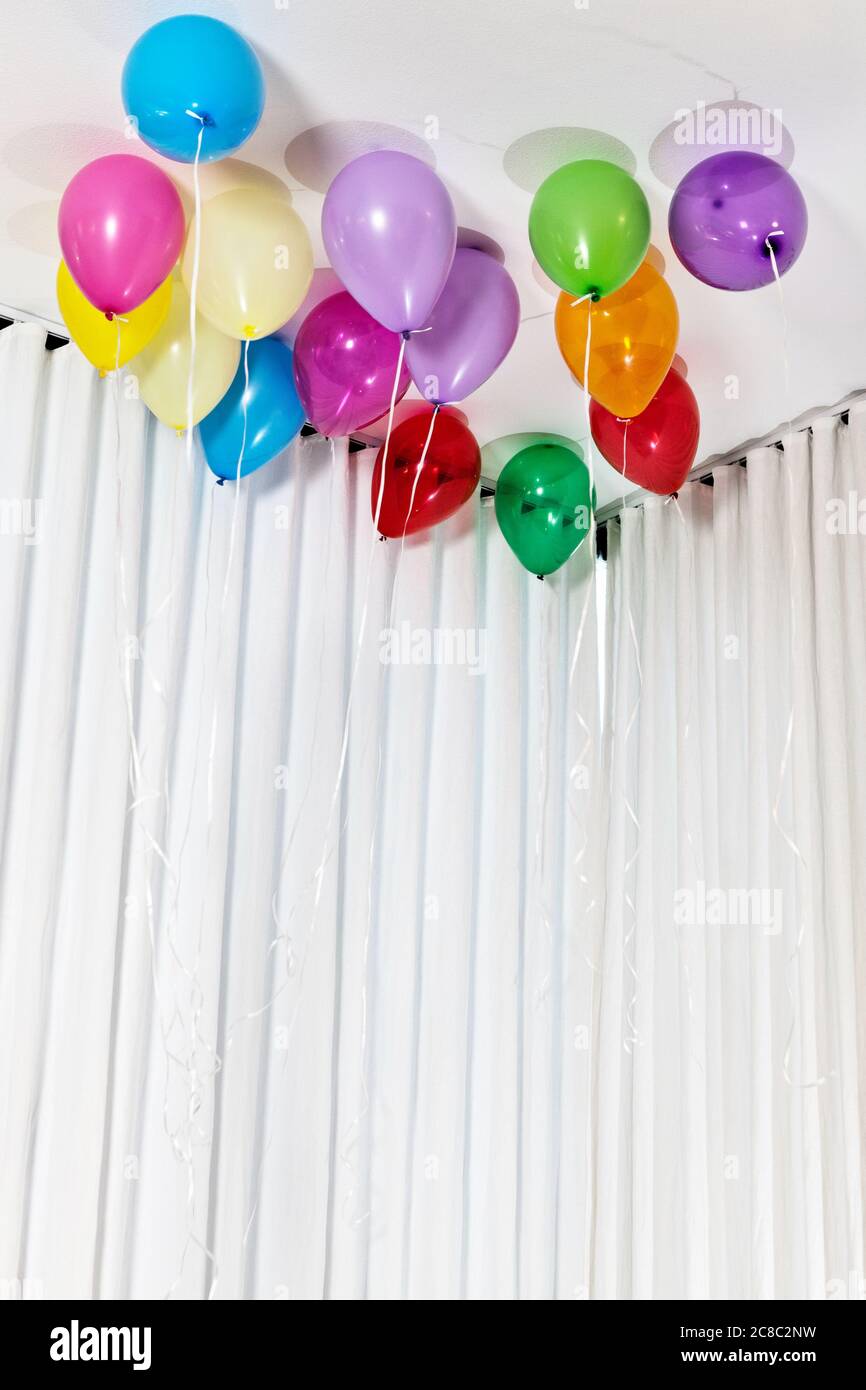 Palloncini di elio multicolore sul soffitto Foto Stock