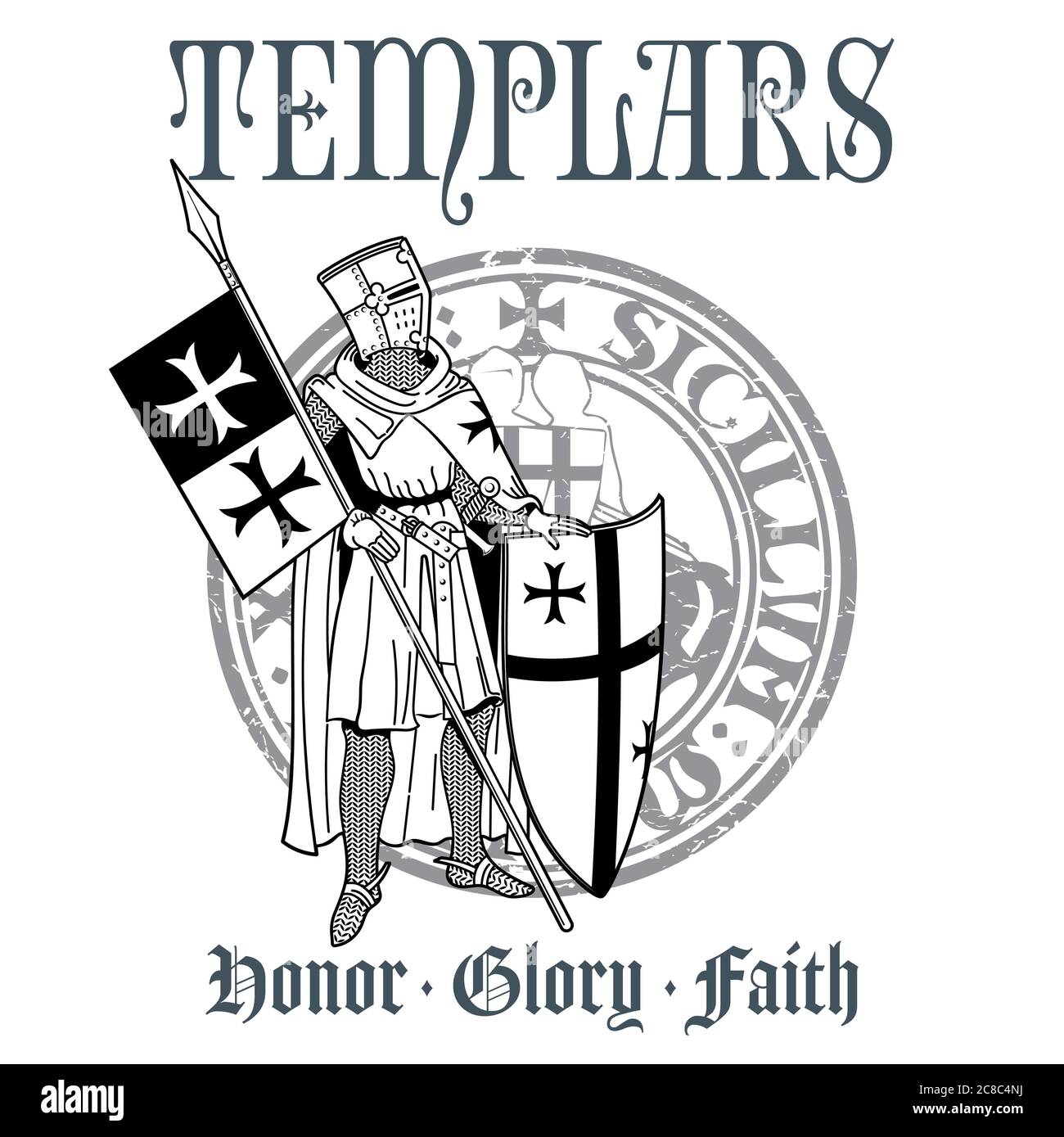Design accattivante. Cavaliere Templari in armatura con lancia, scudo, bandiera e sigillo cavaliere medievale Illustrazione Vettoriale