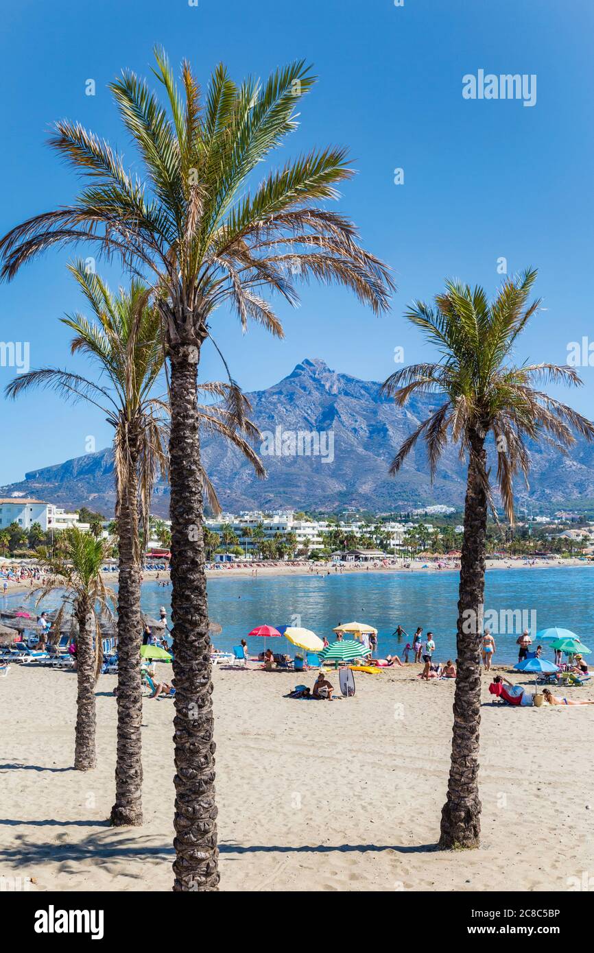 Marbella, Costa del Sol, Provincia di Malaga, Andalusia, Spagna meridionale. Spiaggia di Puerto Banus con la montagna la Concha sullo sfondo. Foto Stock