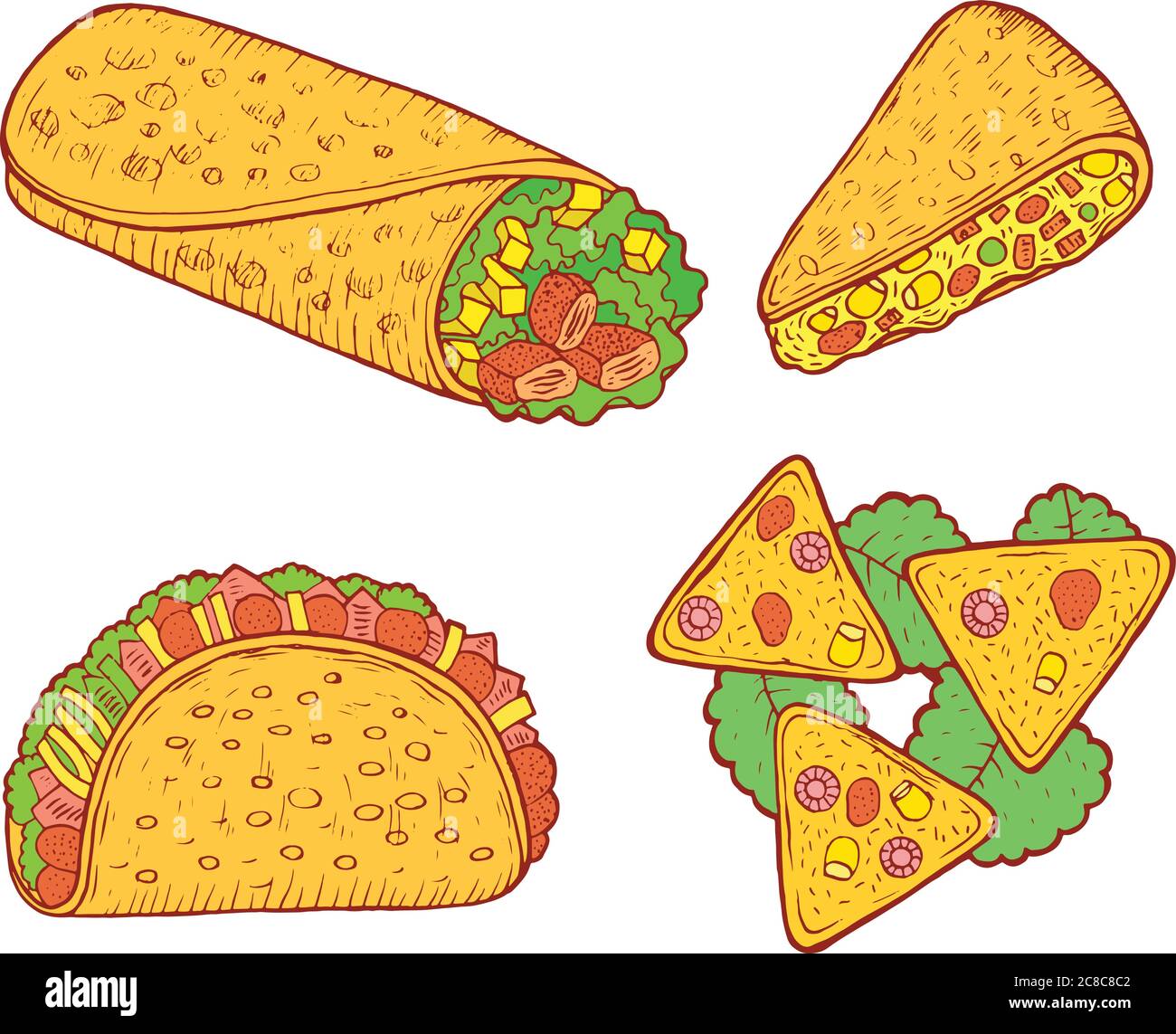 Set di cibo messicano. Fumetto grafico. Illustrazione vettoriale Illustrazione Vettoriale