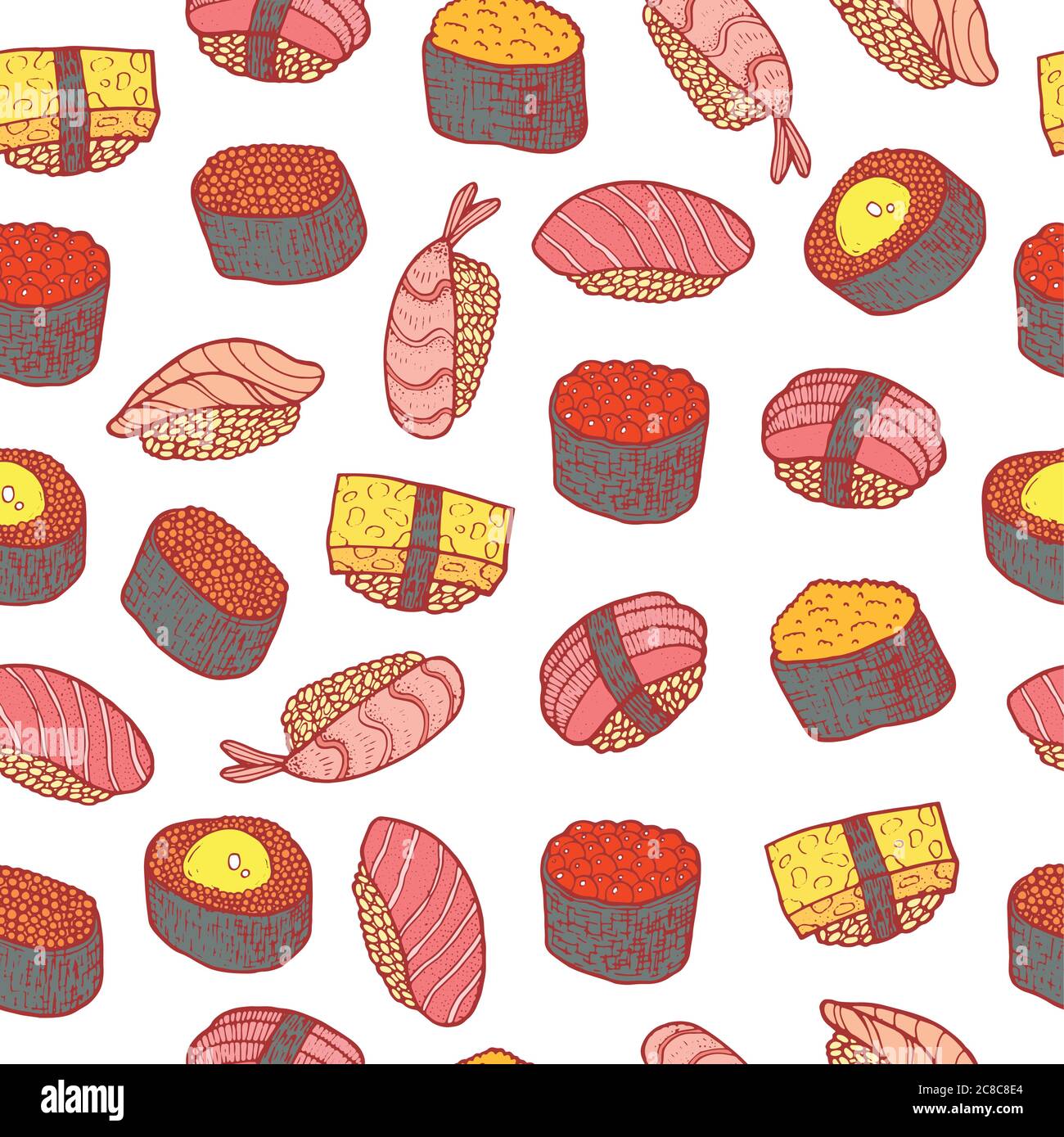 Sushi e panini con motivo senza cuciture. Carta da parati a colori Doodle Cartoon. Illustrazione vettoriale Illustrazione Vettoriale
