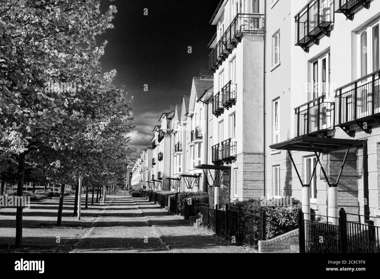 Case a schiera e appartamenti nuovi e moderni a Cardiff Galles UK immagine in bianco e nero foto d'immagine stock Foto Stock