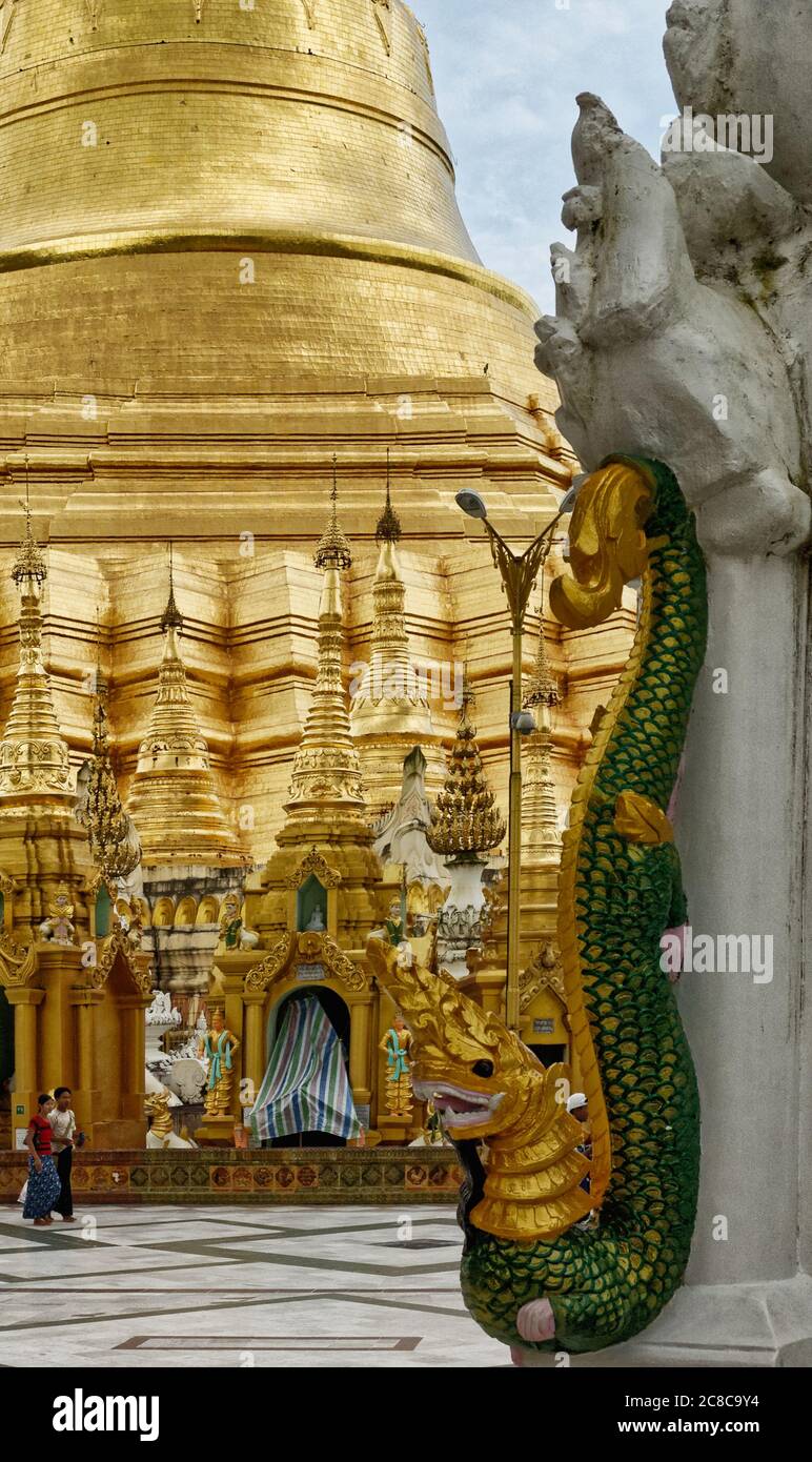 Naga, i protettori della pagoda Shwedagon a Yangon, Myanmar, Asia Foto Stock