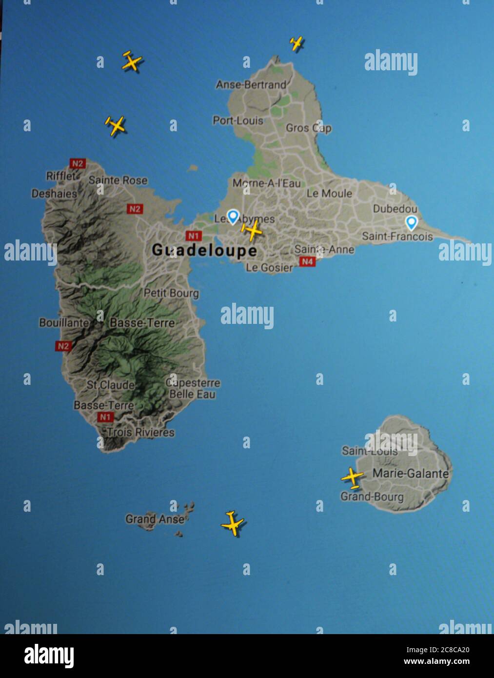 Traffico aereo sull'isola di Guadalupa (22 luglio 2020, UTC 08.28) su Internet con il sito Flightradar 24, durante il Coronavirus Pandemic Foto Stock