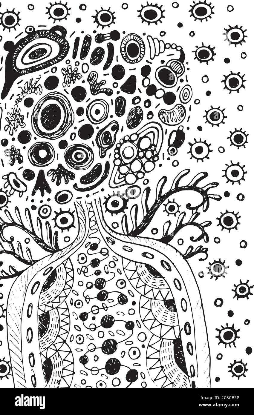 Surreale doodle cosmico alieno uomo con ali sullo spazio. Fantasy disegno astratto per il design, poster. Illustrazione vettoriale Illustrazione Vettoriale