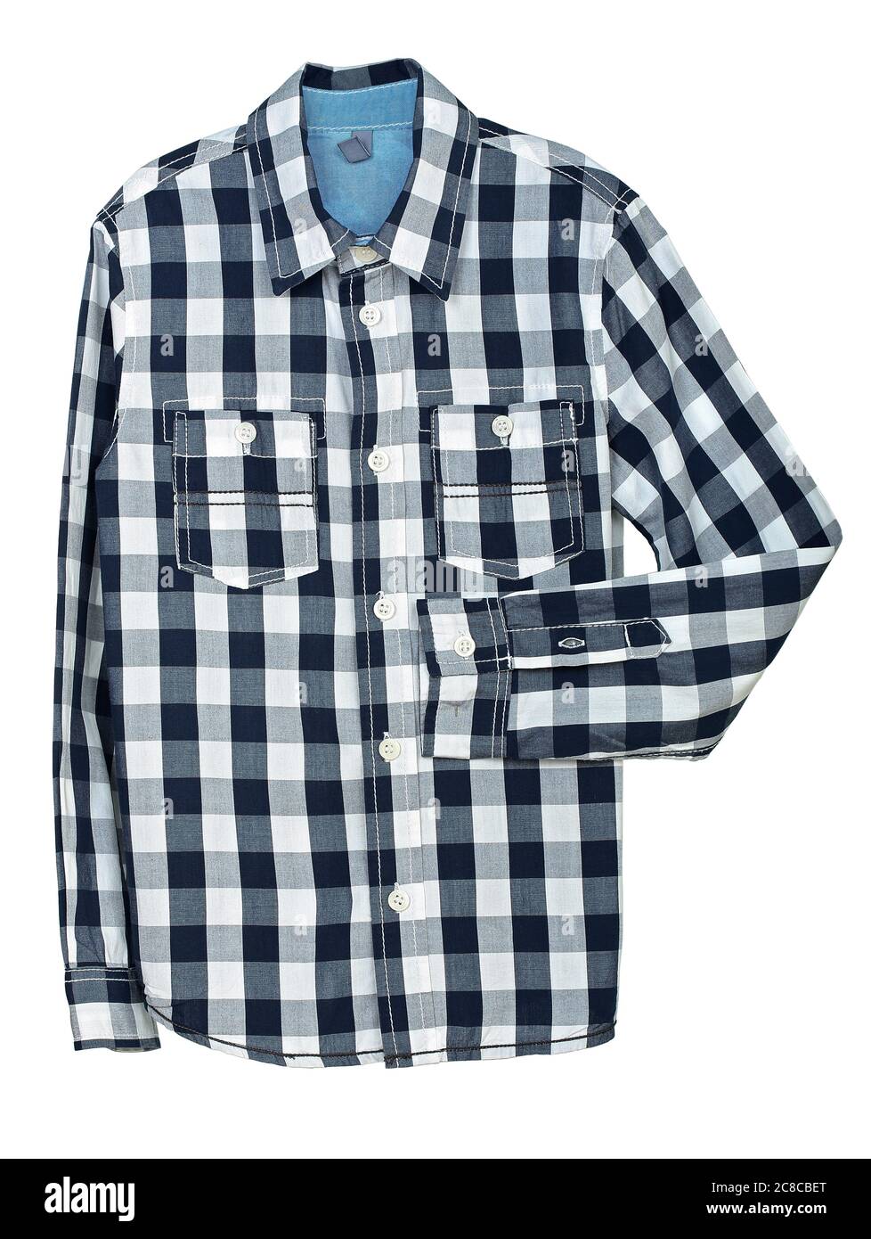 camicia controllata blu e bianca su bianco Foto Stock