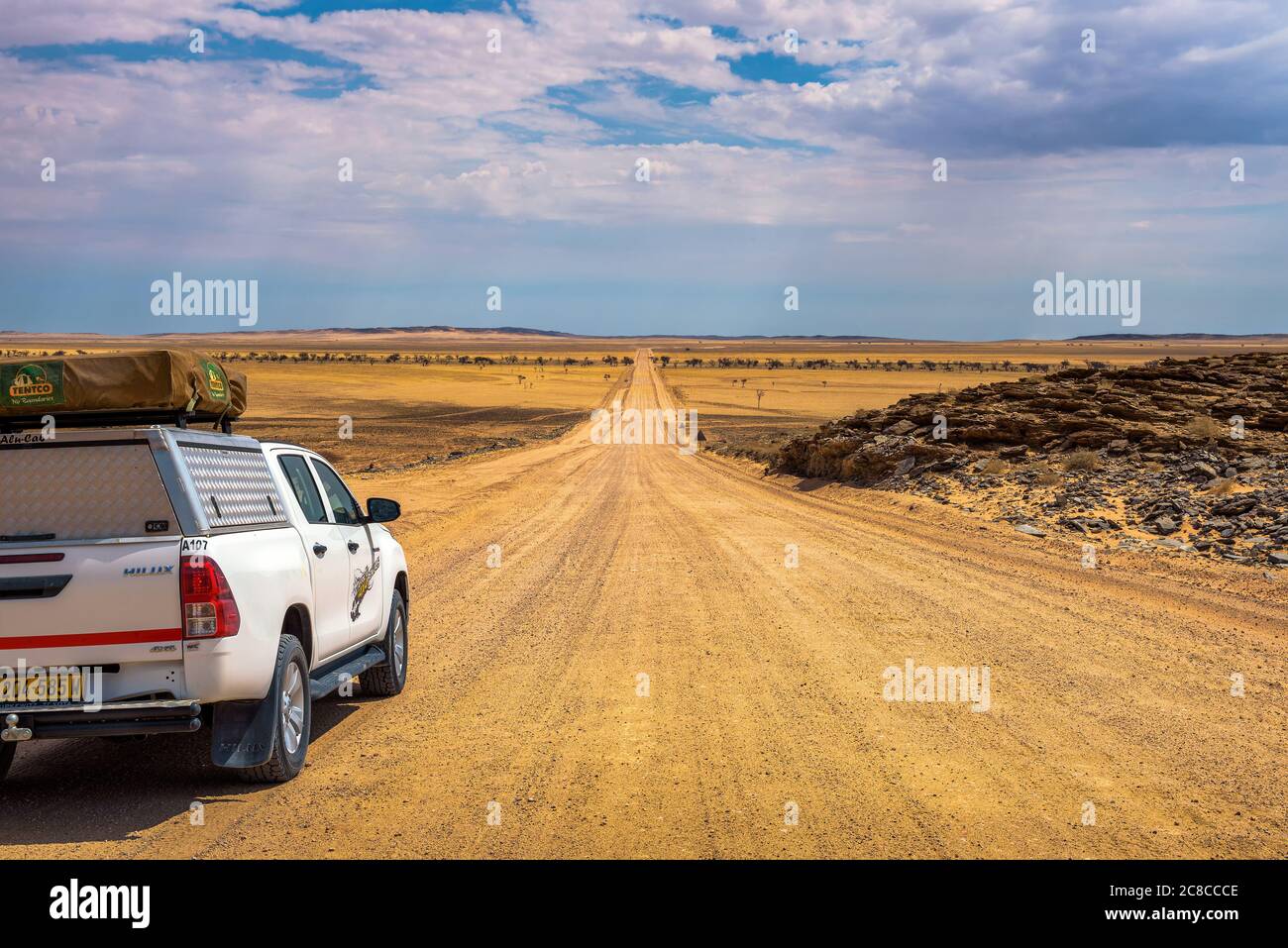 Deserto del Namib, Namibia - 29 marzo 2019 : tipico veicolo 4x4 a noleggio in Namibia dotato di attrezzature da campeggio e di una tenda sul tetto che guida su una strada sterrata in Namib Foto Stock