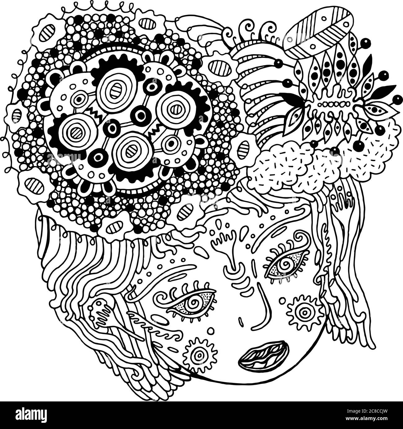 Favola surreale ragazza ritratto. Doodle testa donna con capelli Illustrazione Vettoriale