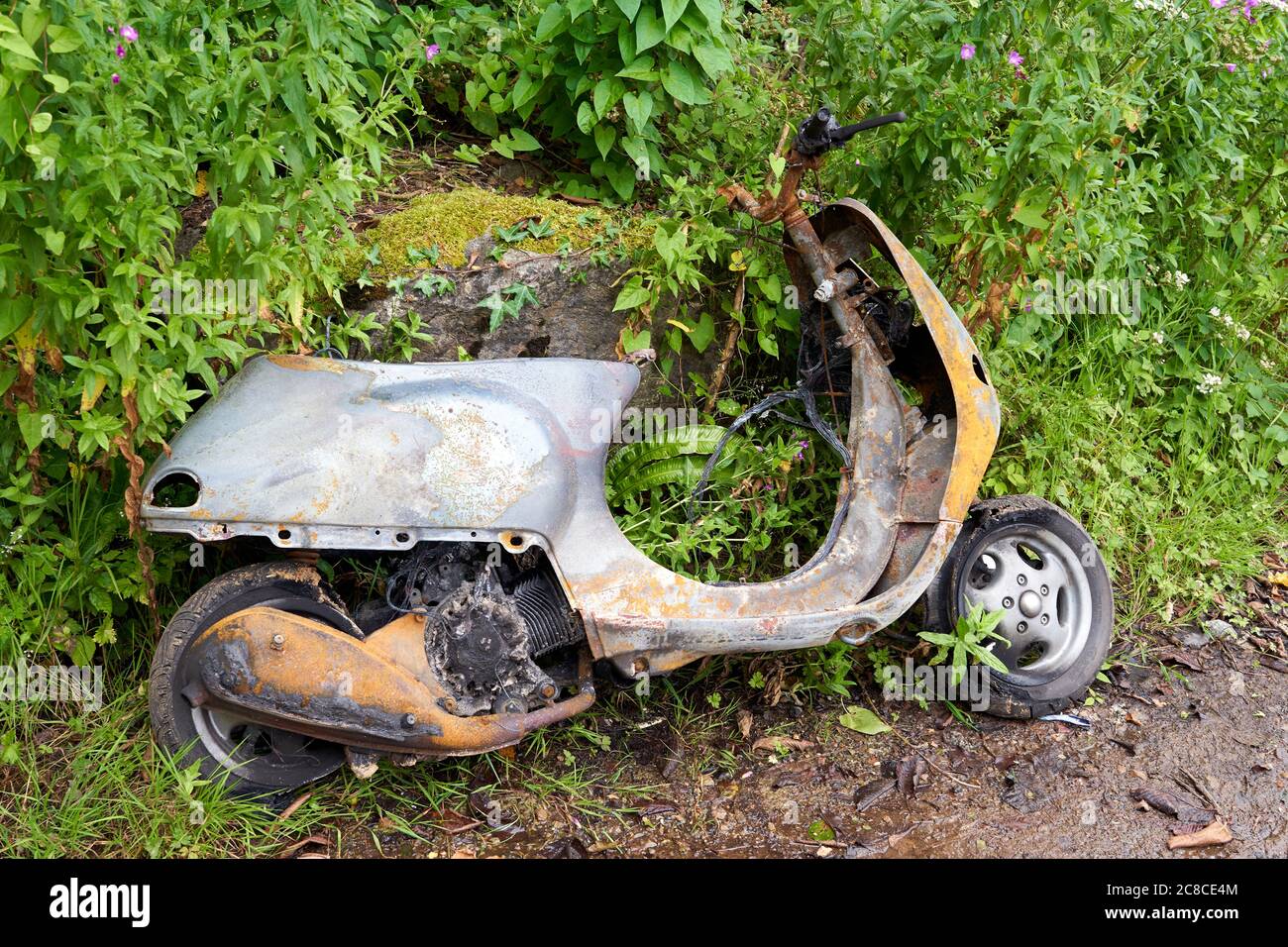 Un ciclomotore bruciato abbandonato a lato di una strada, Cardiff, Galles del Sud Foto Stock Un ciclomotore bruciato abbandonato a lato di una strada, Cardiff, Galles del Sud Foto Stock
