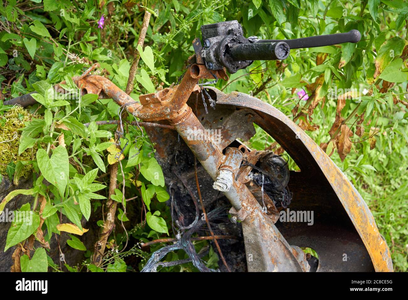 Un ciclomotore bruciato abbandonato a lato di una strada, Cardiff, Galles del Sud Foto Stock Un ciclomotore bruciato abbandonato a lato di una strada, Cardiff, Galles del Sud Foto Stock