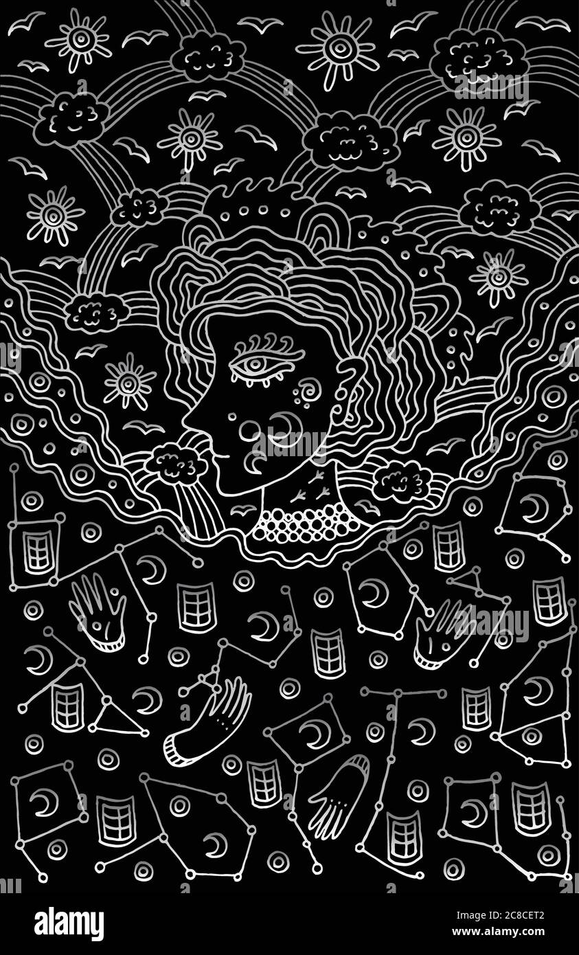 Dea surreale della notte e del cielo di giorno. Tribale fiaba wom Illustrazione Vettoriale