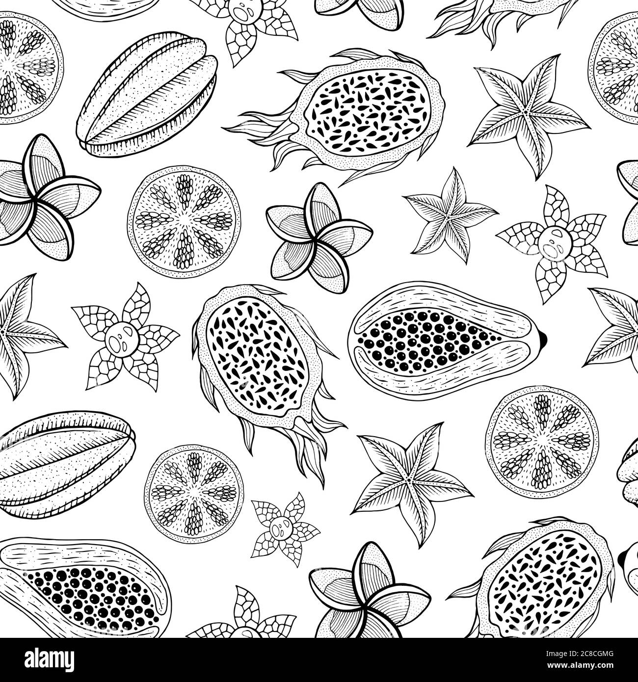 Frutti tropicali senza cuciture motivo - pagina da colorare per adulti. GRA Illustrazione Vettoriale