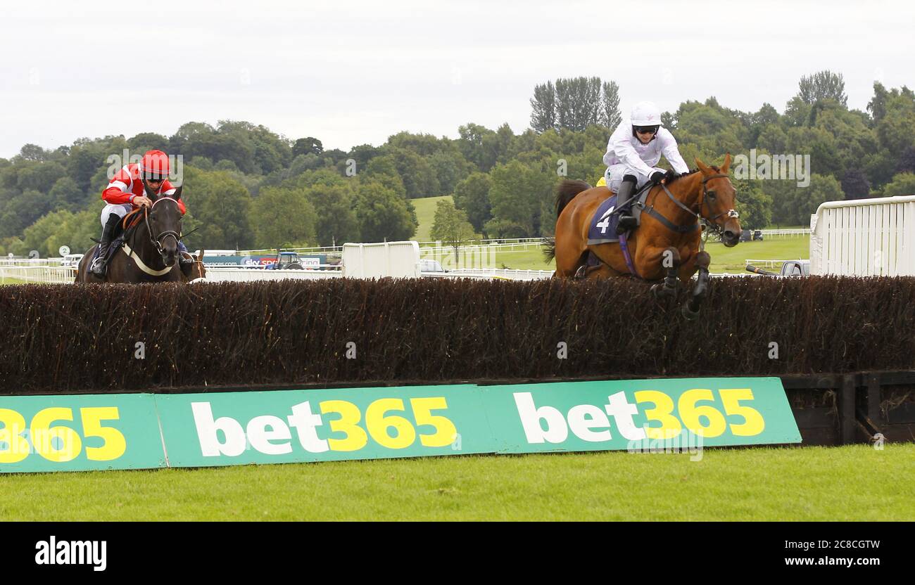 Il giovane lupo e jockey Jonjo o'Neill jnr vince la caccia alle novizie Sky Sports Racing all'ippodromo di Uttoxeter. Foto Stock
