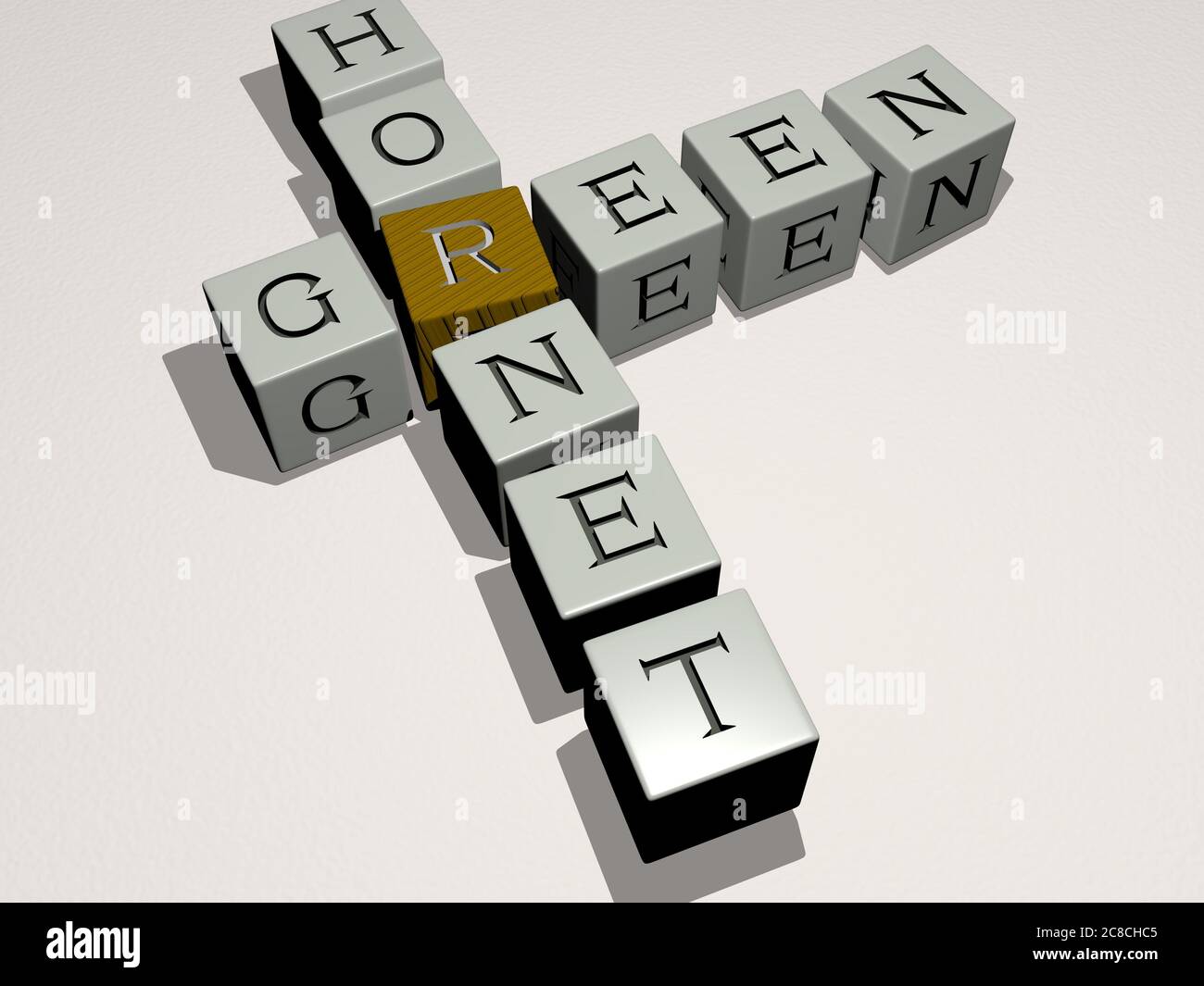 croci di cornetto verde disposti da lettere cubiche su un pavimento a specchio, significato del concetto e presentazione. sfondo e illustrazione. Illustrazione 3D Foto Stock