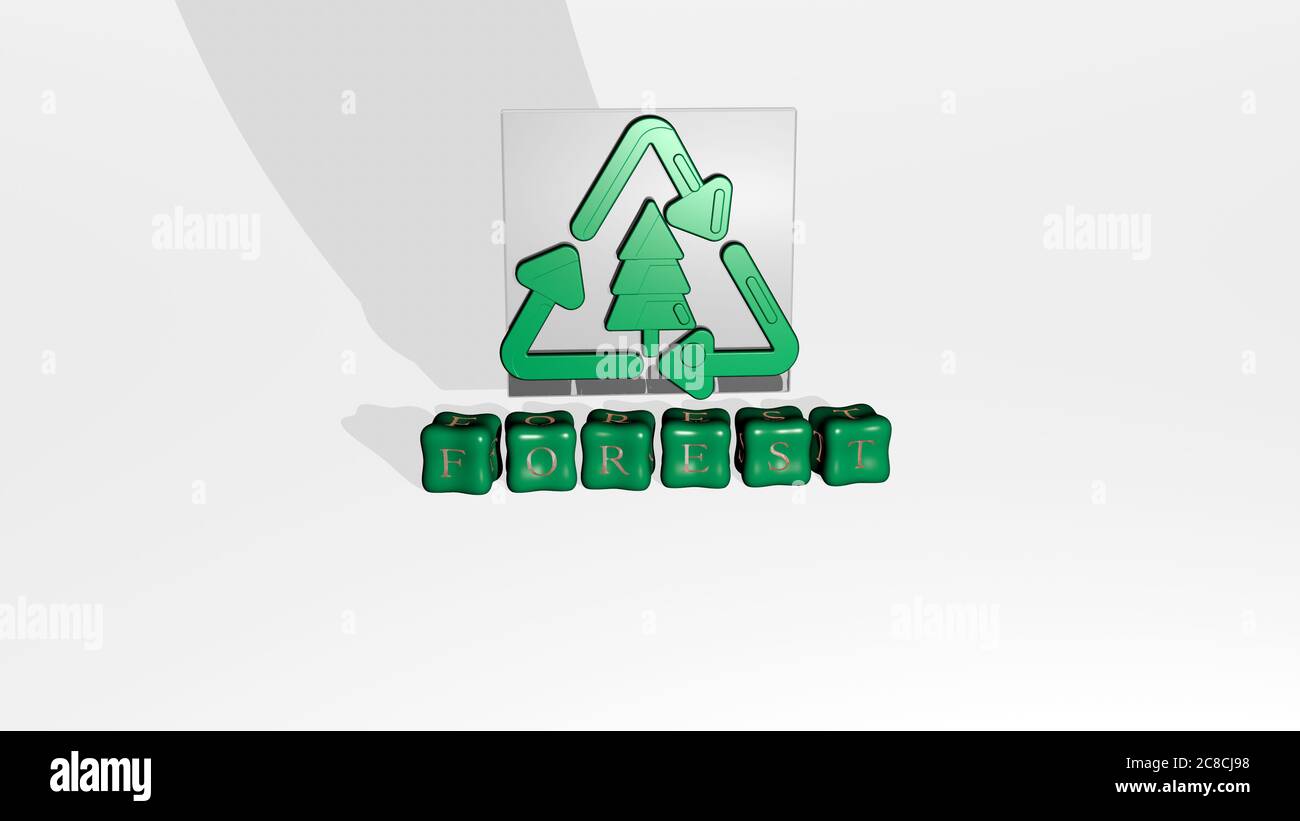 Immagine grafica 3D di FOREST verticalmente insieme al testo costruito da lettere cubiche metalliche dalla prospettiva superiore, eccellente per la presentazione concettuale e presentazioni. Sfondo e bella Foto Stock