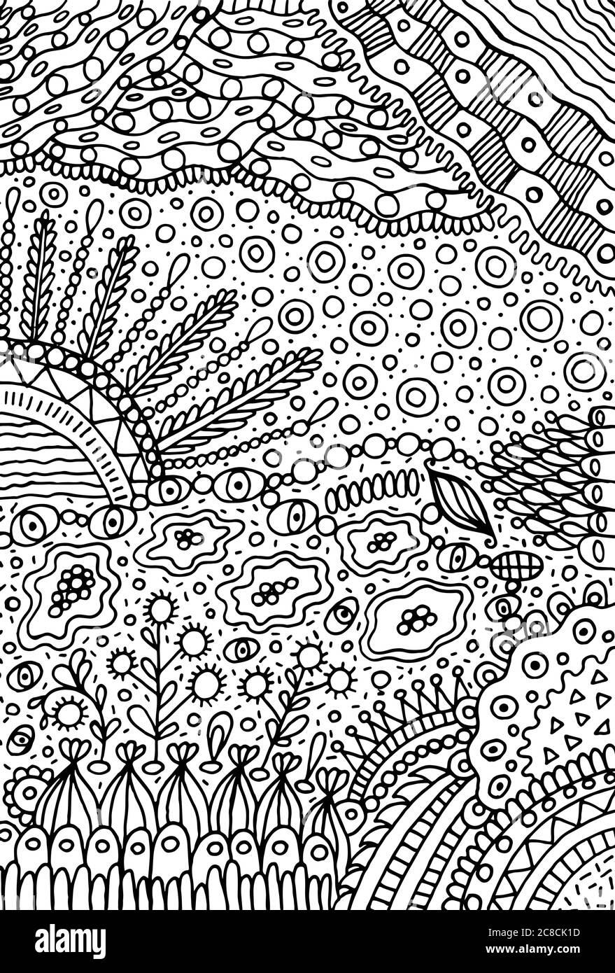 Doodle paesaggio - pagina da colorare per adulti. Fantastico psichedelico Illustrazione Vettoriale