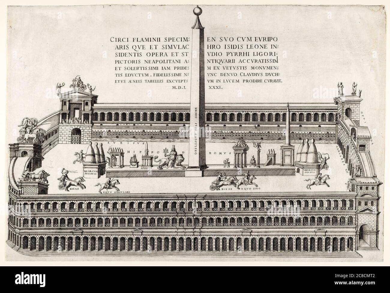 Il Circo Flaminio nell'antica Roma, un'arena di giochi e un'area di corse di carri, incisione, 1581 Foto Stock