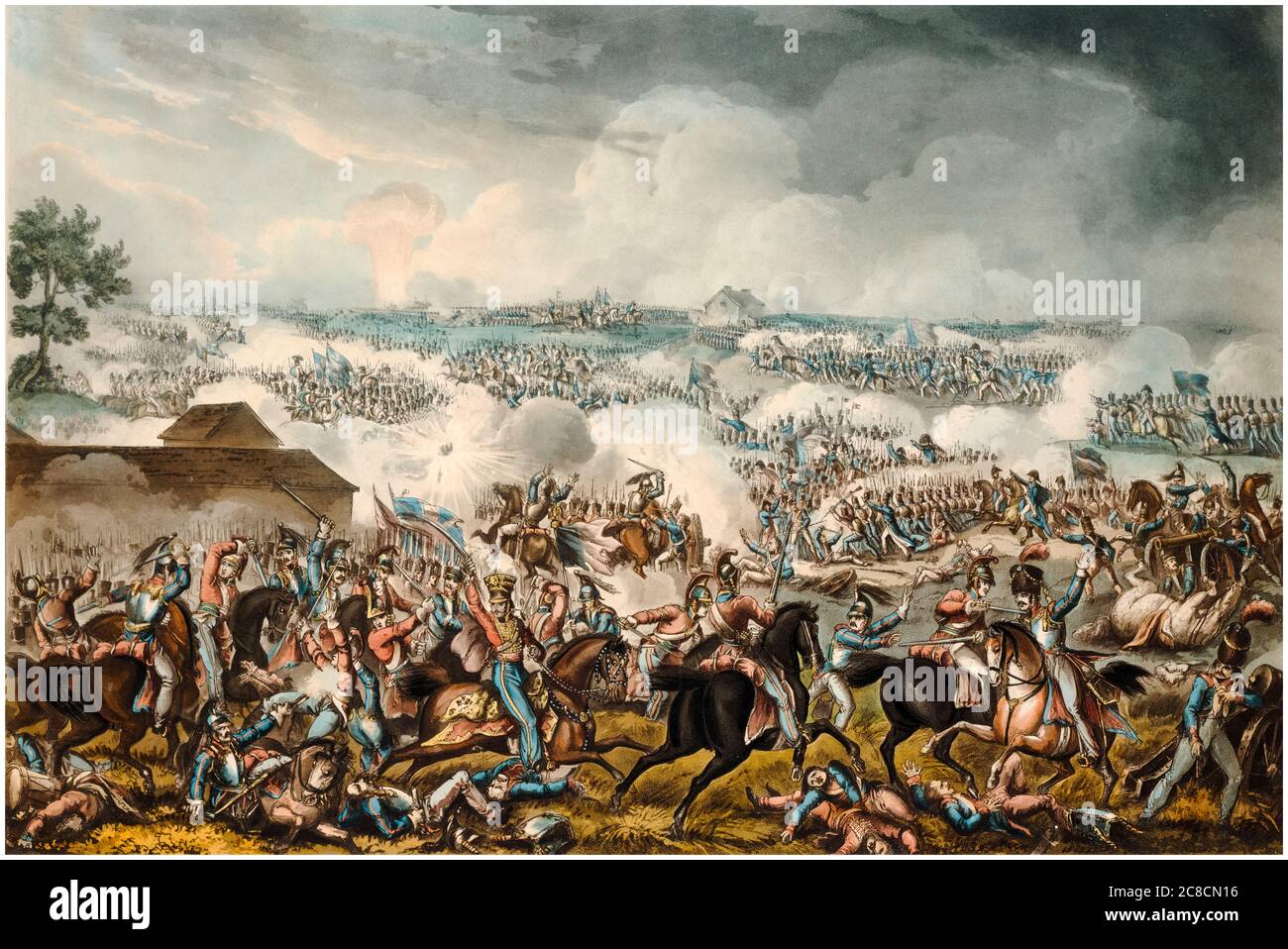 La battaglia di Waterloo, 18 giugno 1815, incisione di Burkitt e Hudson, 1817 Foto Stock