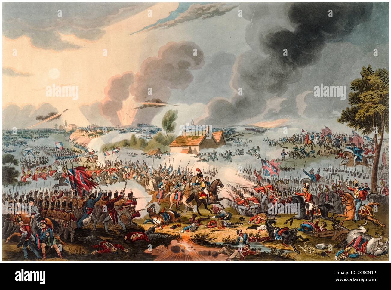La battaglia di Waterloo, 18 giugno 1815, incisione di Richard Reeve dopo William Heath, 1817 Foto Stock