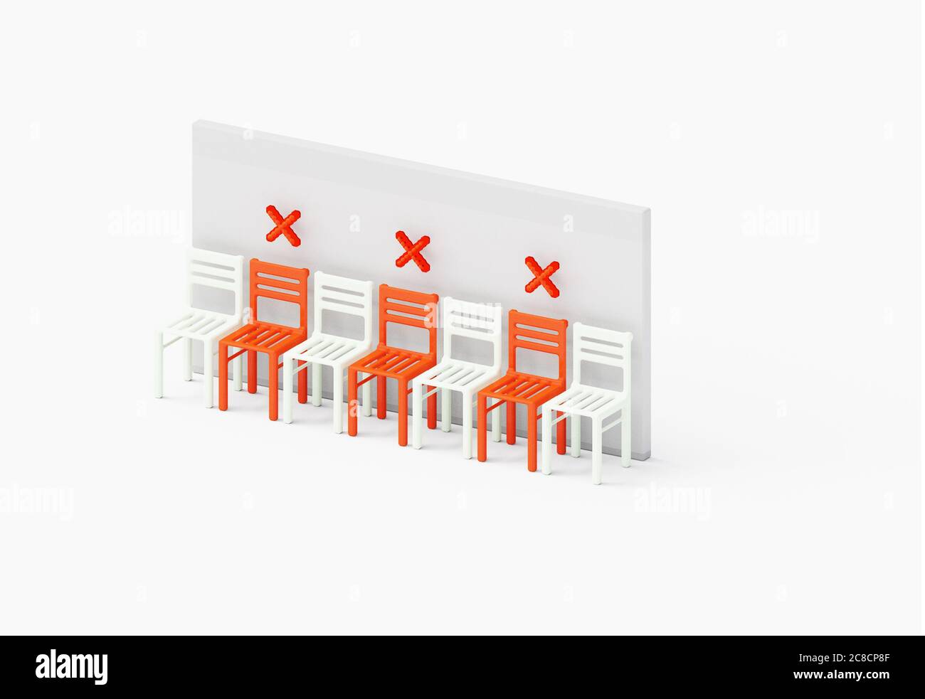 Concetto di distanza sociale fisica con sedie incrociate al centro. Distanza di sicurezza di 1.5 m, 6 piedi, mostra isometrica come un nuovo concetto normale, 3D Foto Stock