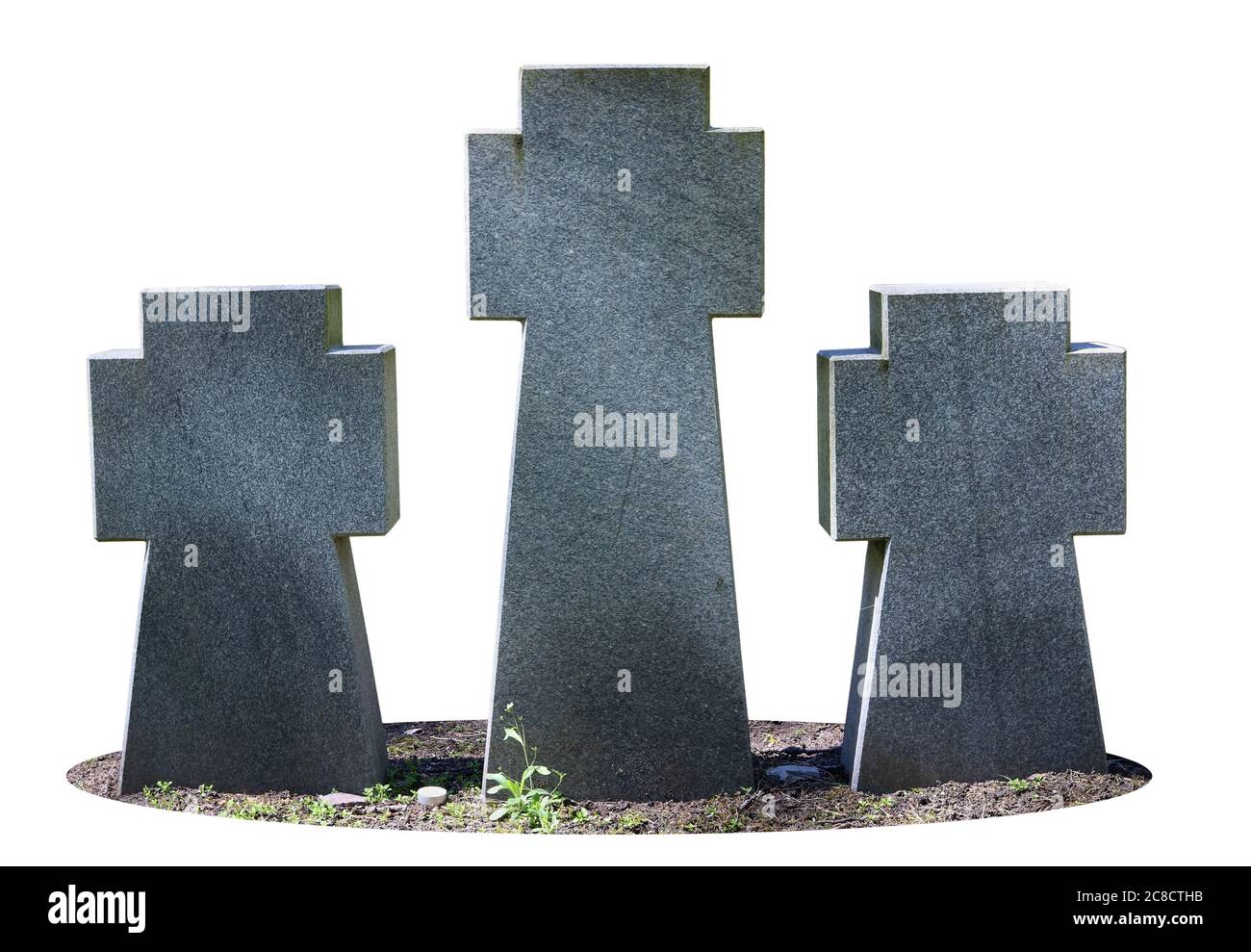 Croci di granito grigio al vecchio cimitero militare. Isolato su bianco Foto Stock