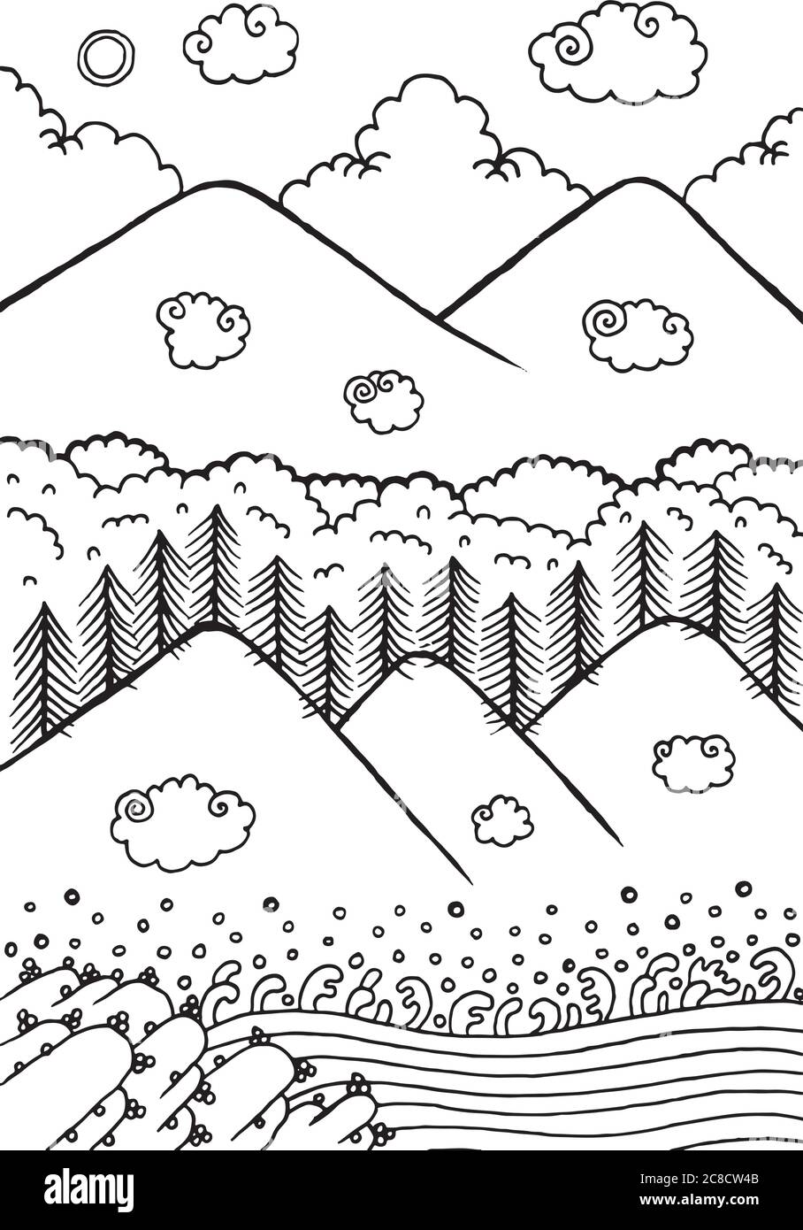Doodle paesaggio con montagne e alberi. Cielo con sole e clou Illustrazione Vettoriale