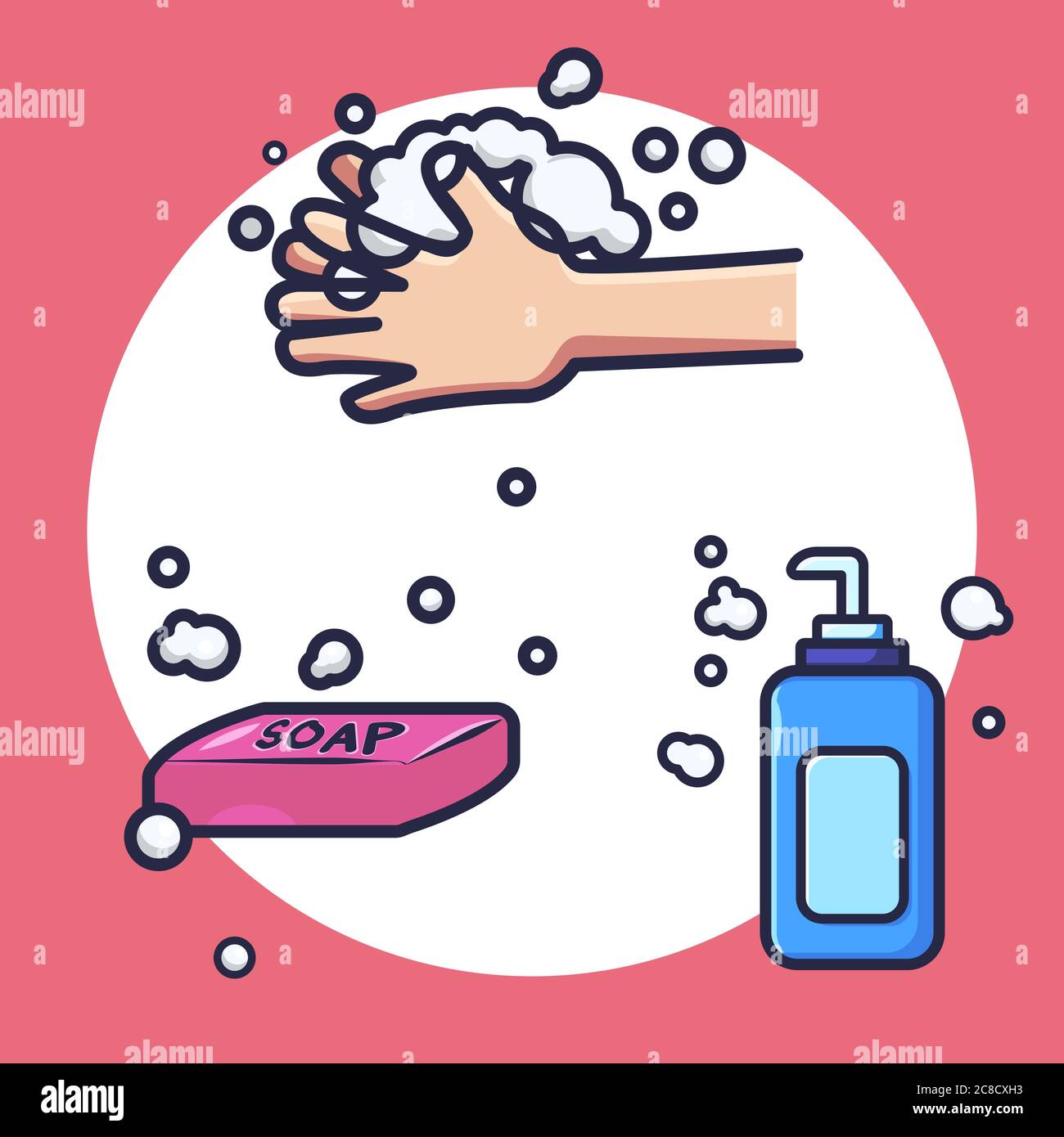 Vettore di lavarsi le mani. Illustrazione vettoriale per mani, sapone e igienizzatore per mani Illustrazione Vettoriale