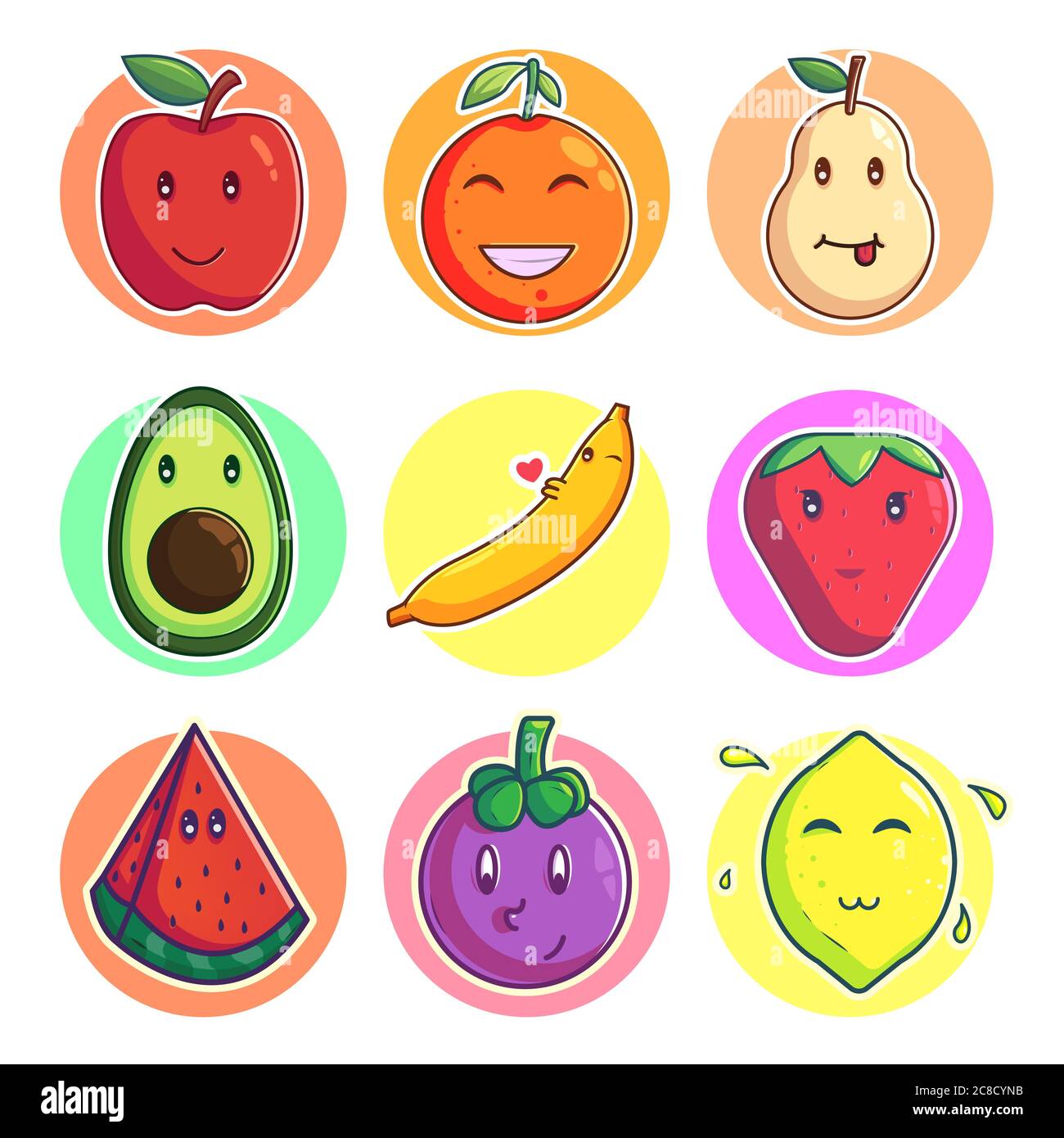 Set di illustrazioni vettoriali di Emoji frutta carino Illustrazione Vettoriale