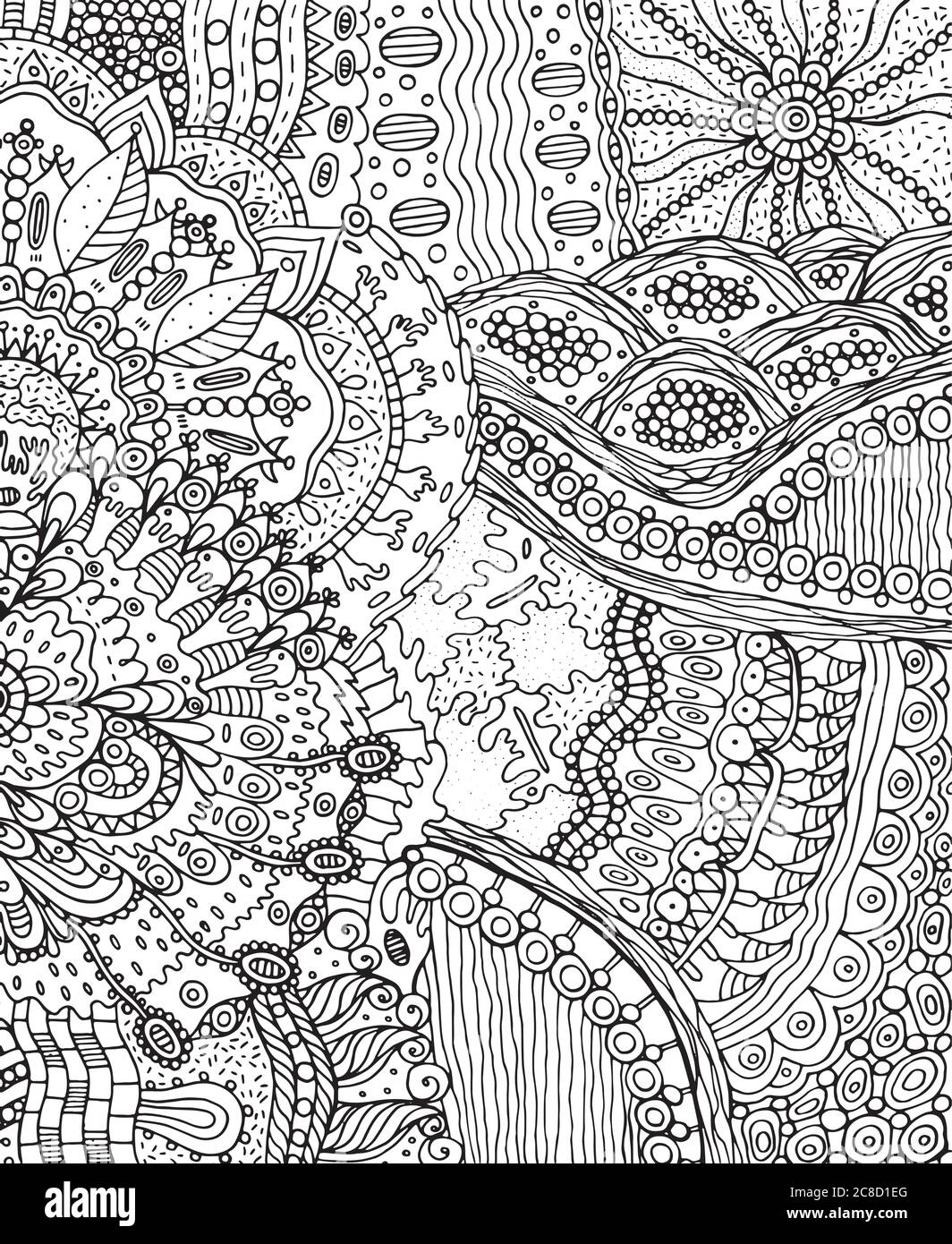 Paesaggio di doodle estate. Fantastica illustrazione di cartoni animati psichedelici disegnati a mano. Illustrazione vettoriale Illustrazione Vettoriale