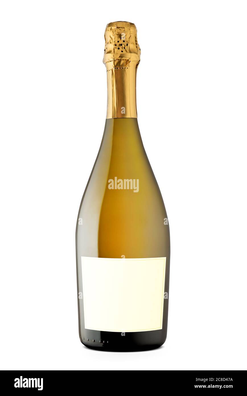 Bottiglia di champagne con lamina dorata e etichetta vuota isolata su sfondo bianco Foto Stock