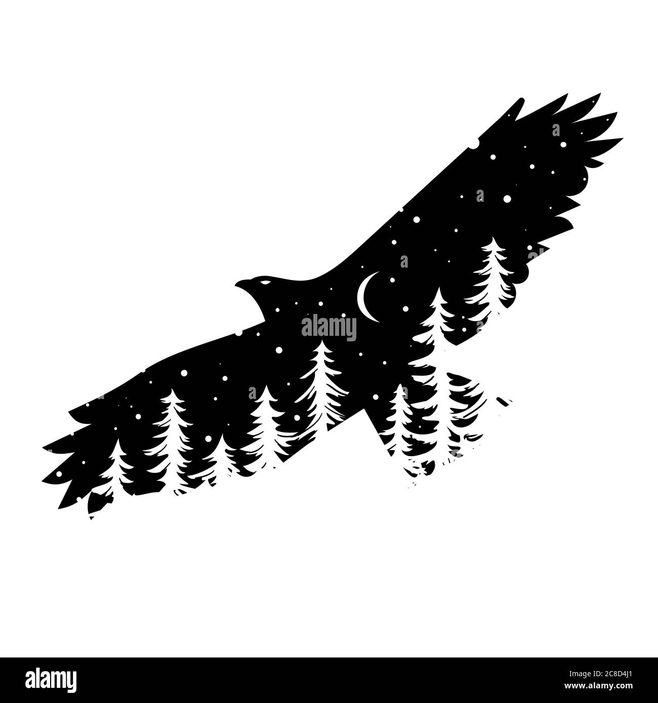 Silhouette di aquila con alberi di conifere sullo sfondo di cielo notturno con la luna Illustrazione Vettoriale
