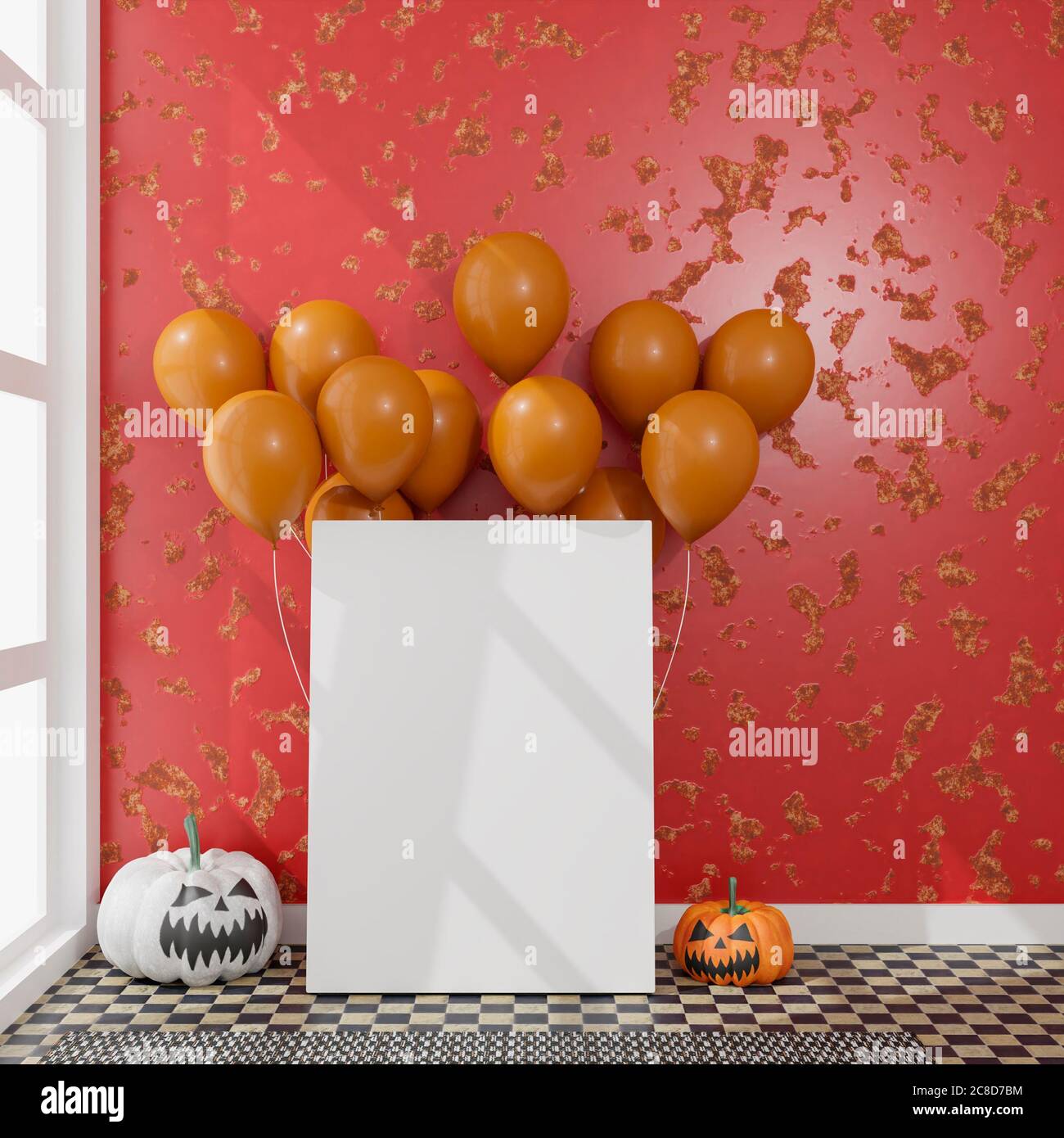 Illustrazione 3D. Tela nel soggiorno decorazione Halloween. Zucche e palloncini. Rendering 3D Foto Stock