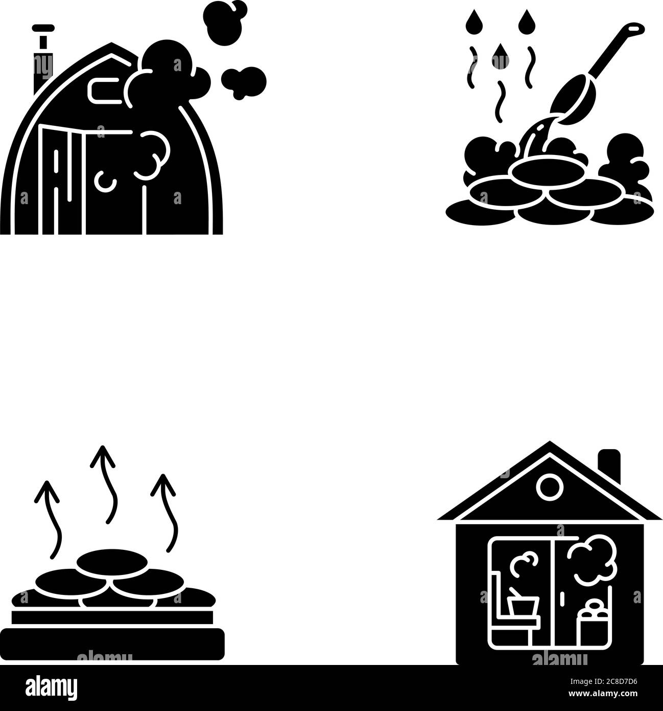 Tipi di sauna glifo nero icone impostate su spazio bianco. Bagni diversi. Bagno turco, riscaldamento a secco, saune interne ed esterne con simboli di silhouette. Finlandese AN Illustrazione Vettoriale