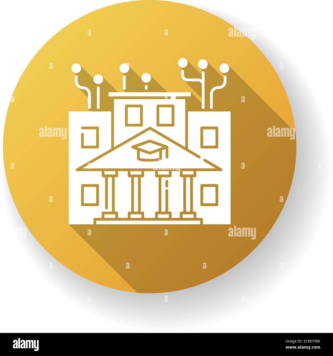 Istituto di tecnologia giallo piano disegno glifo ombra lunga icona. Professional IT College, istruzione superiore. Accademia di programmazione del calcolatore, cou di codifica Illustrazione Vettoriale