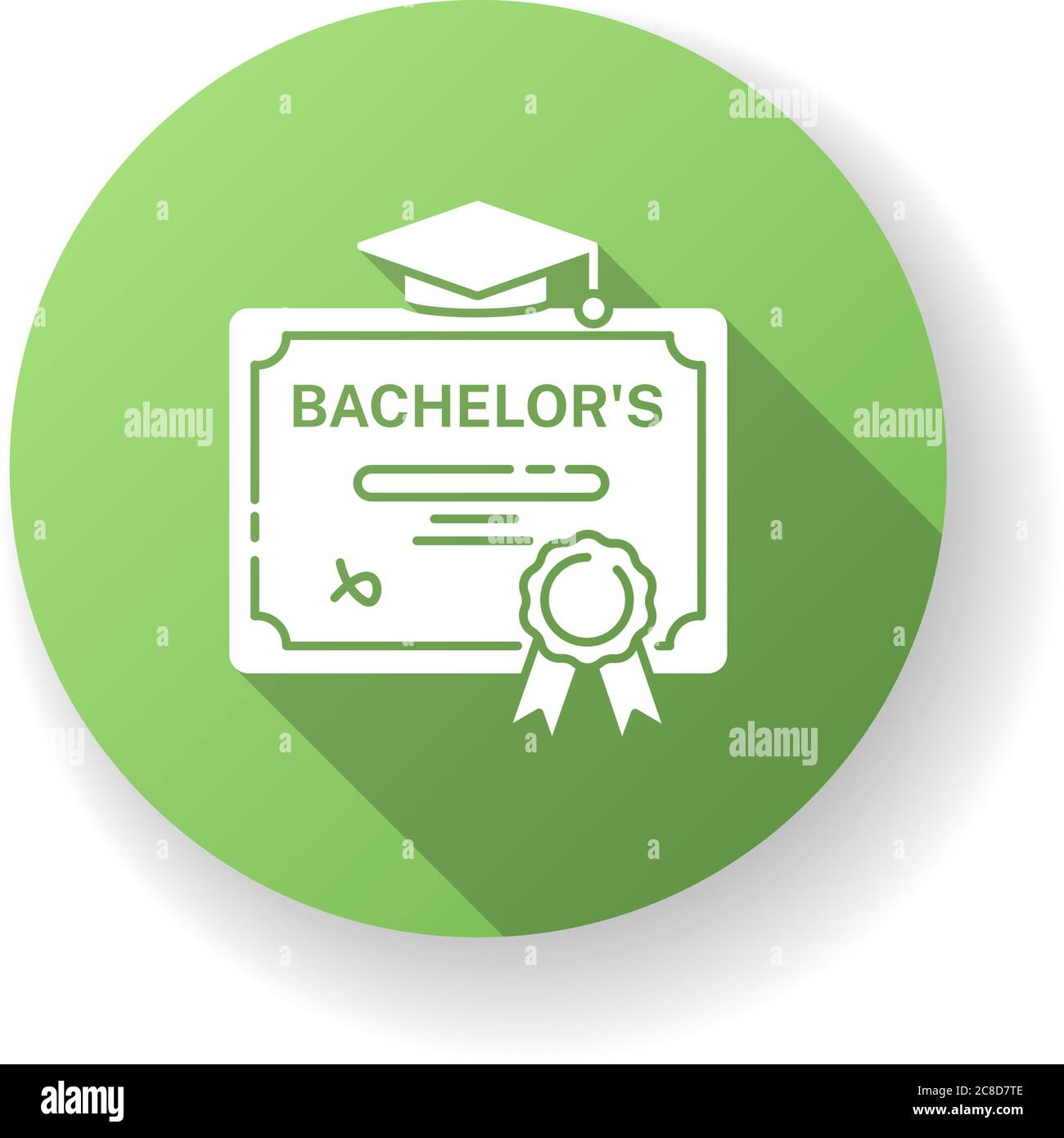 Bachelors grado verde piatto design glifo ombra lunga icona. Documento di laurea di successo. Istruzione superiore. Diploma di studente, certificato accademico Illustrazione Vettoriale
