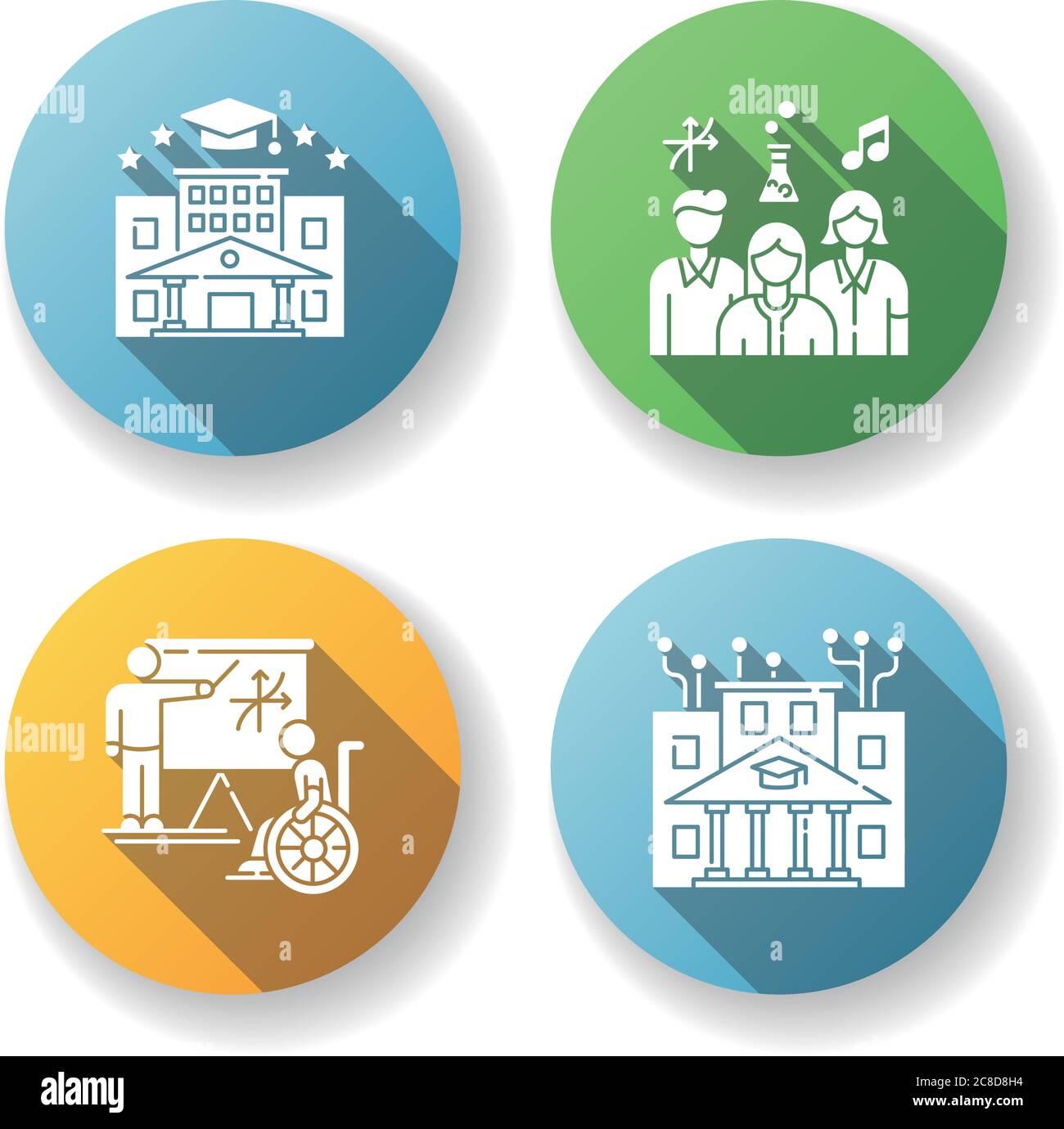 Set di icone glifo a ombre lunghe per il design piatto dell'istruzione superiore. Istituto di tecnologia, università. Personale docente professionale e condizioni di apprendimento speciali Illustrazione Vettoriale