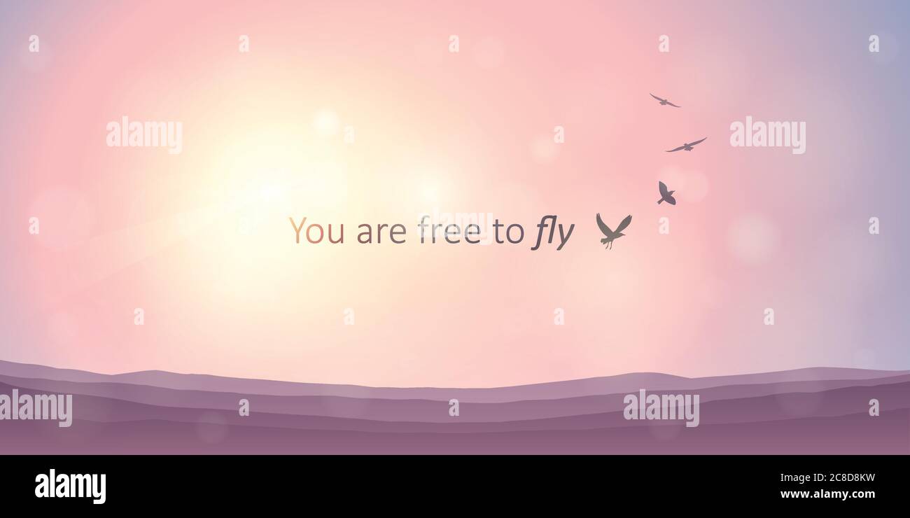 Sei libero di volare tipografia con uccelli su sfondo viola montagna vettore illustrazione EPS10 Illustrazione Vettoriale