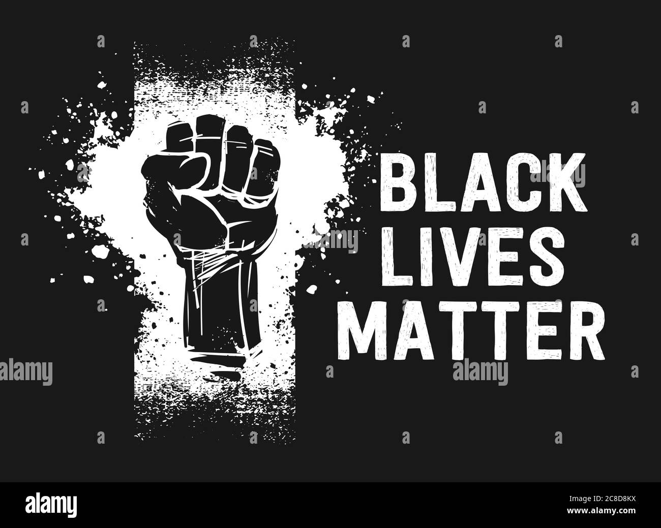 Illustrazione a pugno rialzato e Black Lives materia bianca texte, come simbolo di resistenza, su sfondo nero Foto Stock